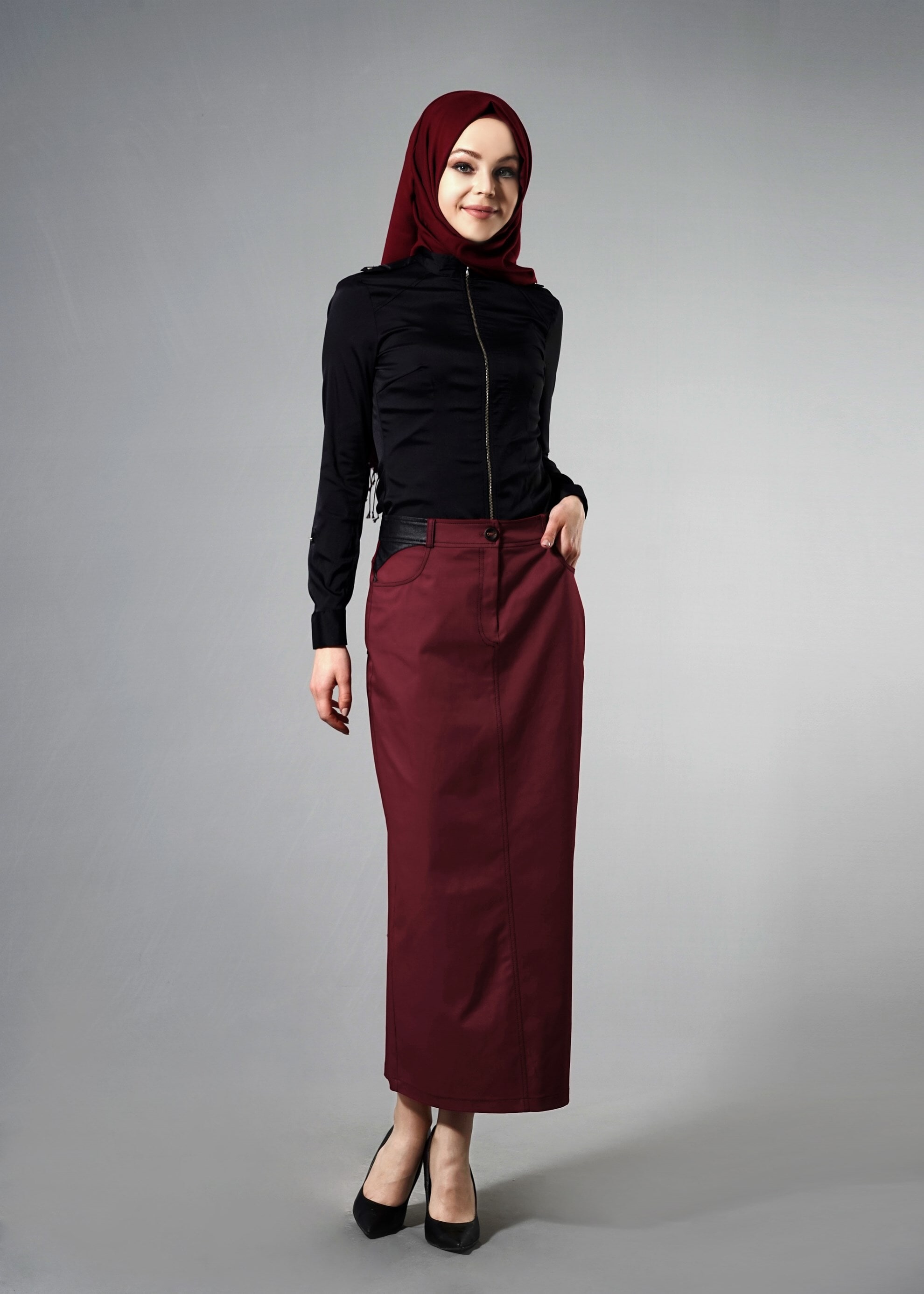 Tesettür giyim BORDO KALEM ETEK 6818 