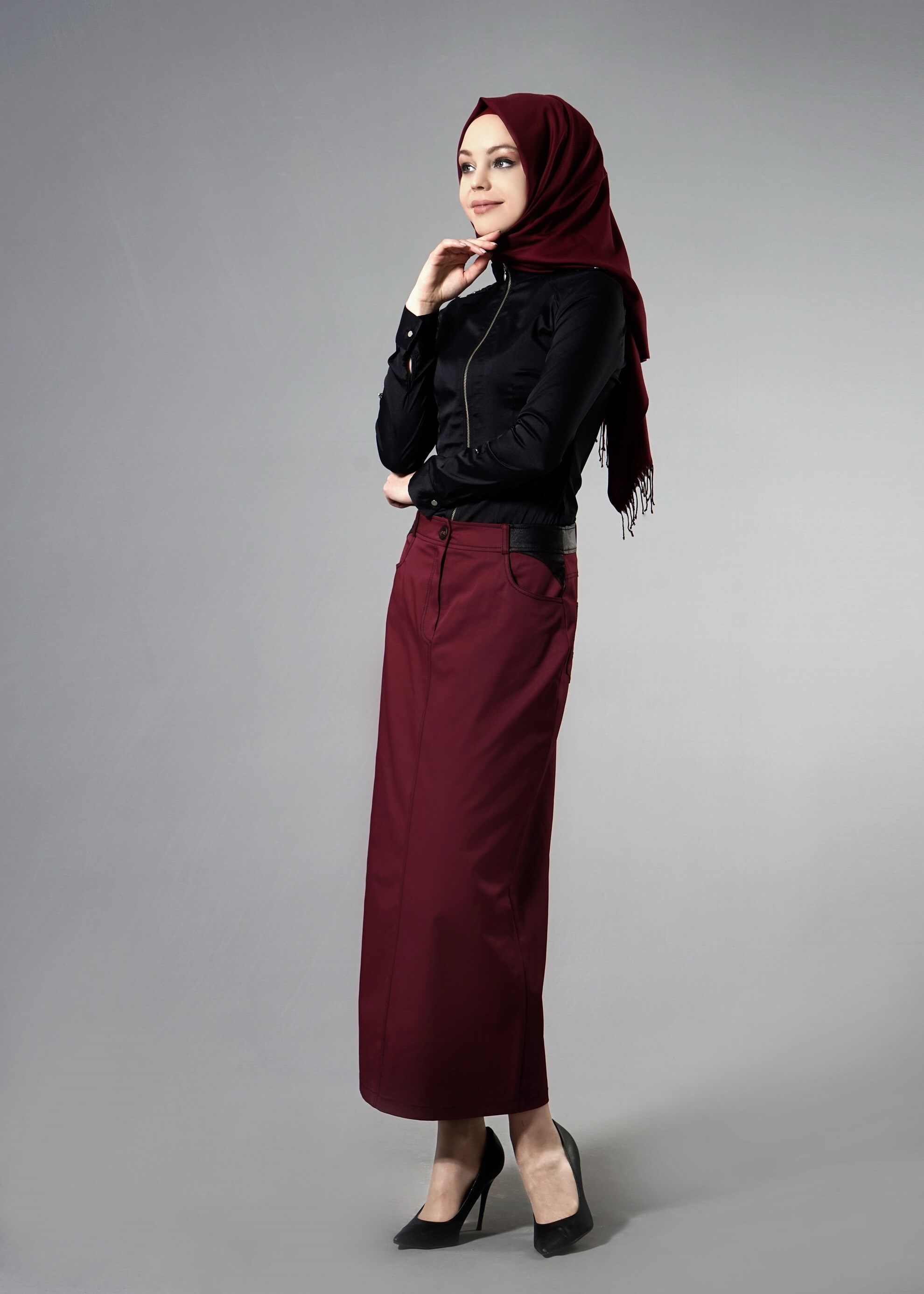 Tesettür giyim BORDO KALEM ETEK 6818 