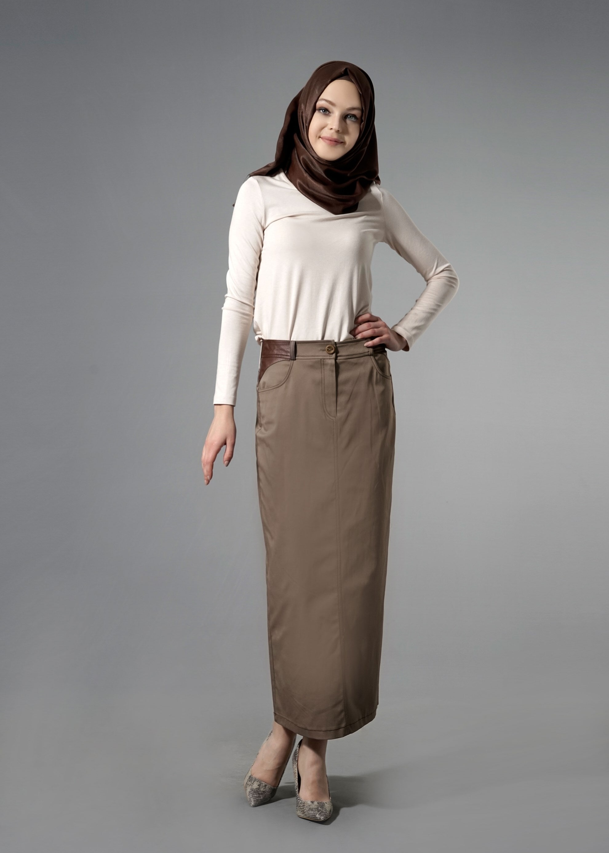 Tesettür giyim VİZON KALEM ETEK 6818 