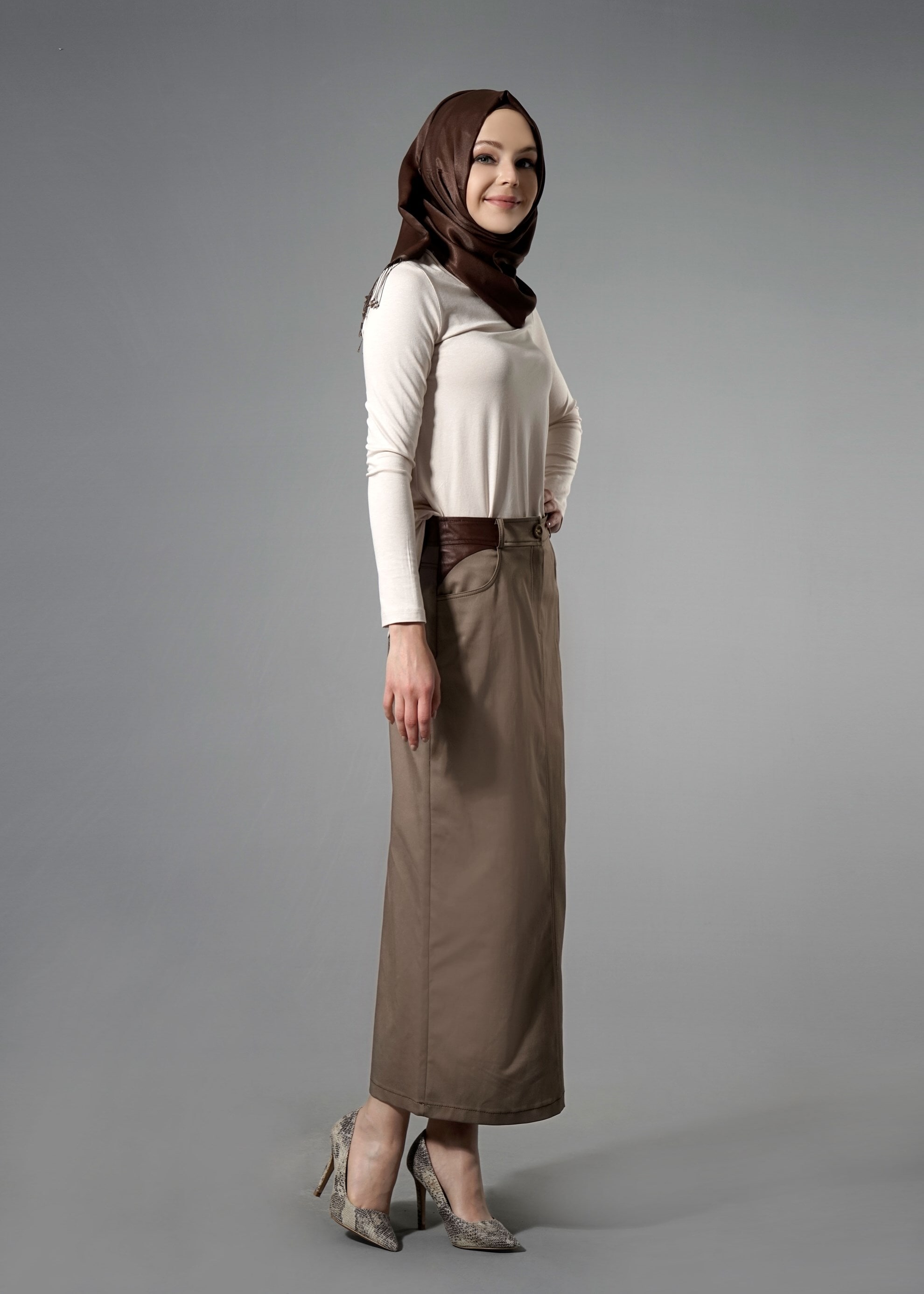 Tesettür giyim VİZON KALEM ETEK 6818 