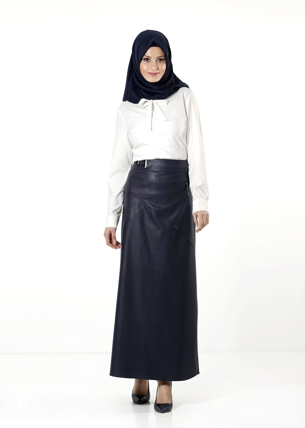 Tesettür giyim LACİVERT FERMUAR DETAYLI DERİ ETEK 6819 