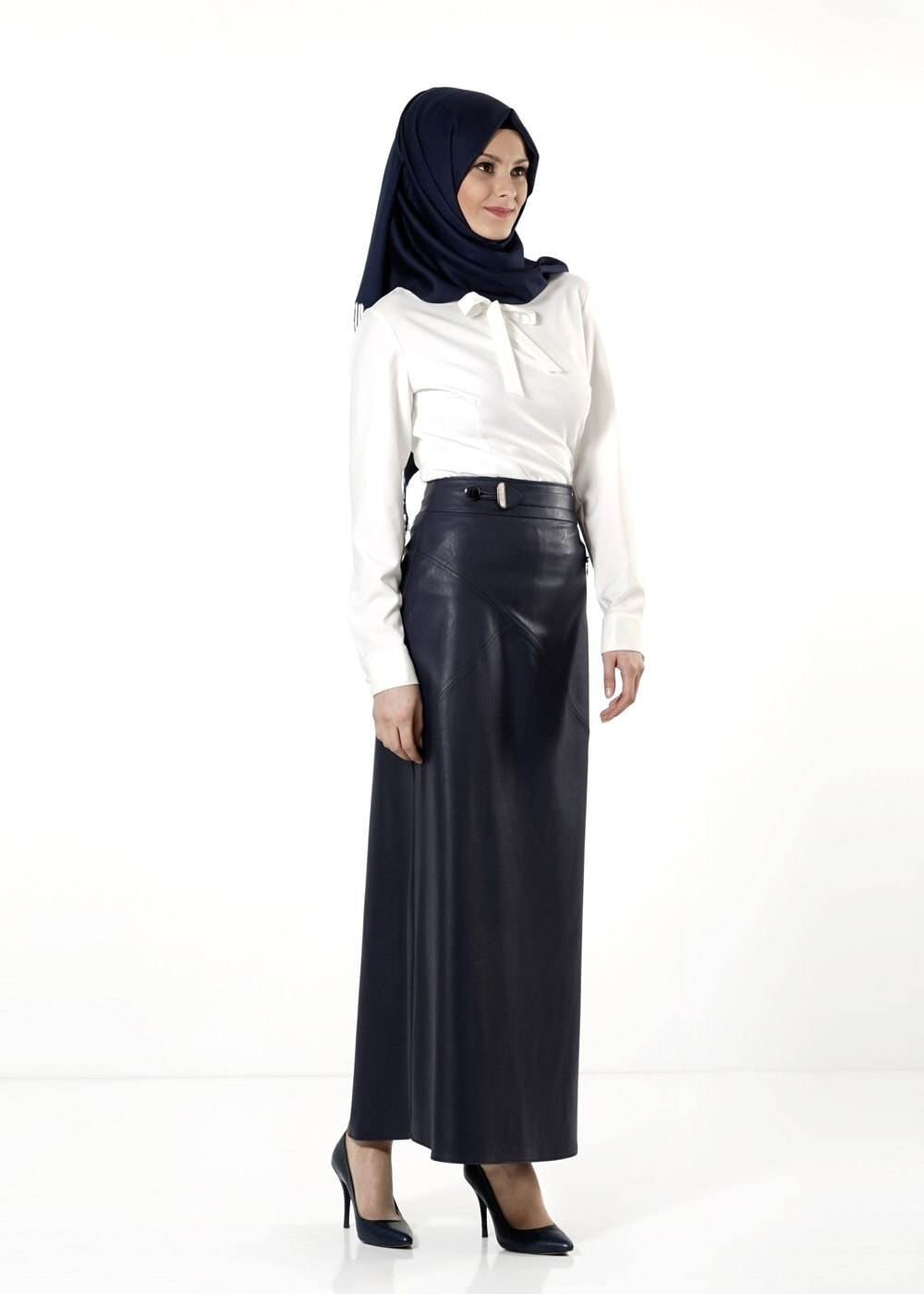 Tesettür giyim LACİVERT FERMUAR DETAYLI DERİ ETEK 6819 