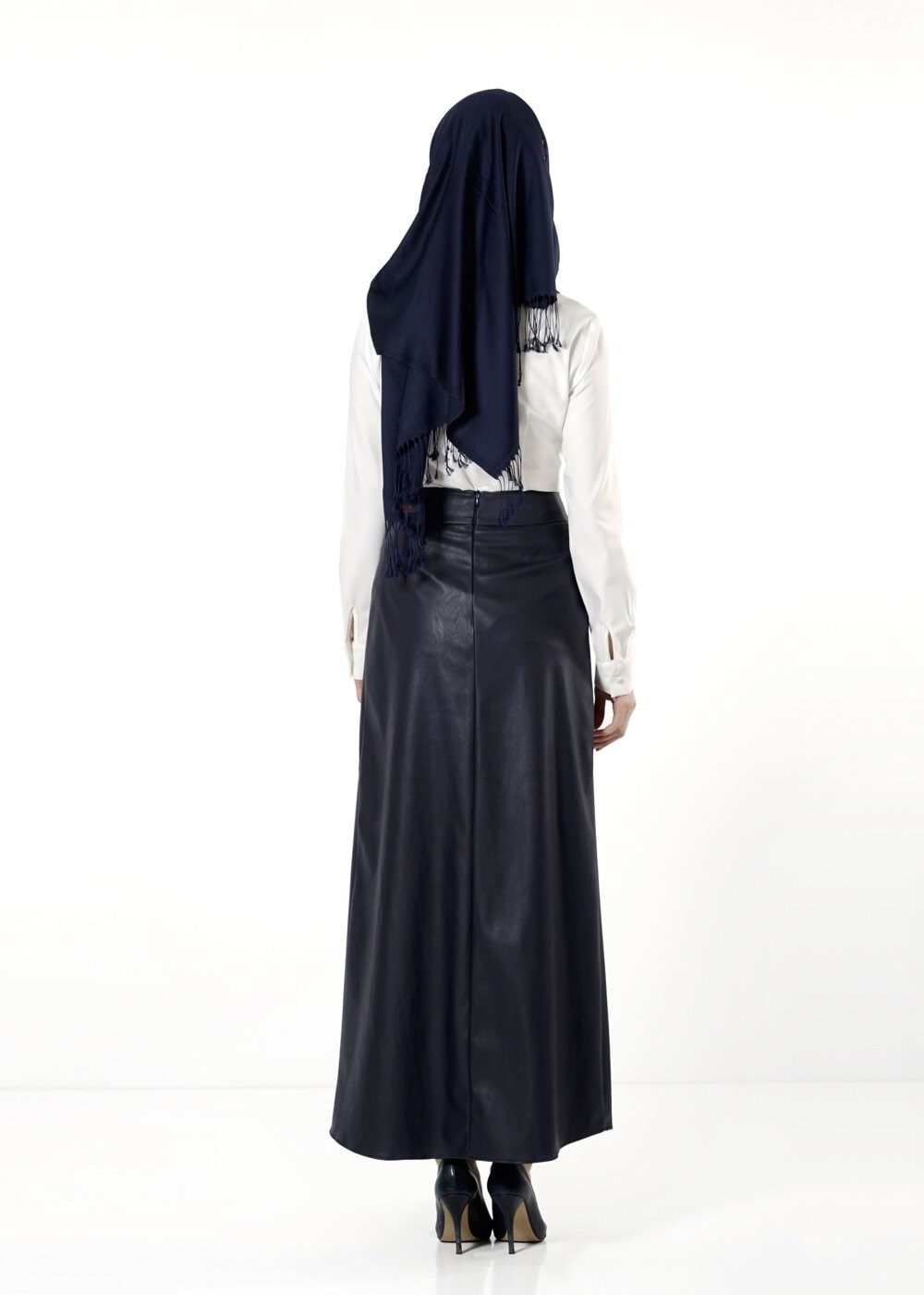 Tesettür giyim LACİVERT FERMUAR DETAYLI DERİ ETEK 6819 