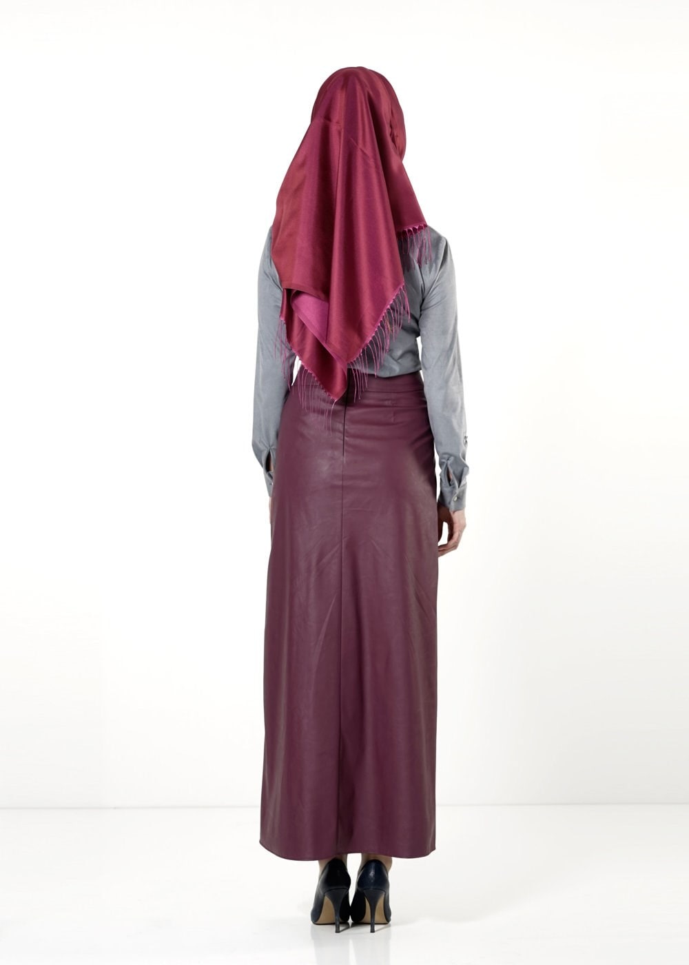 Tesettür giyim BORDO FERMUAR DETAYLI DERİ ETEK 6819 