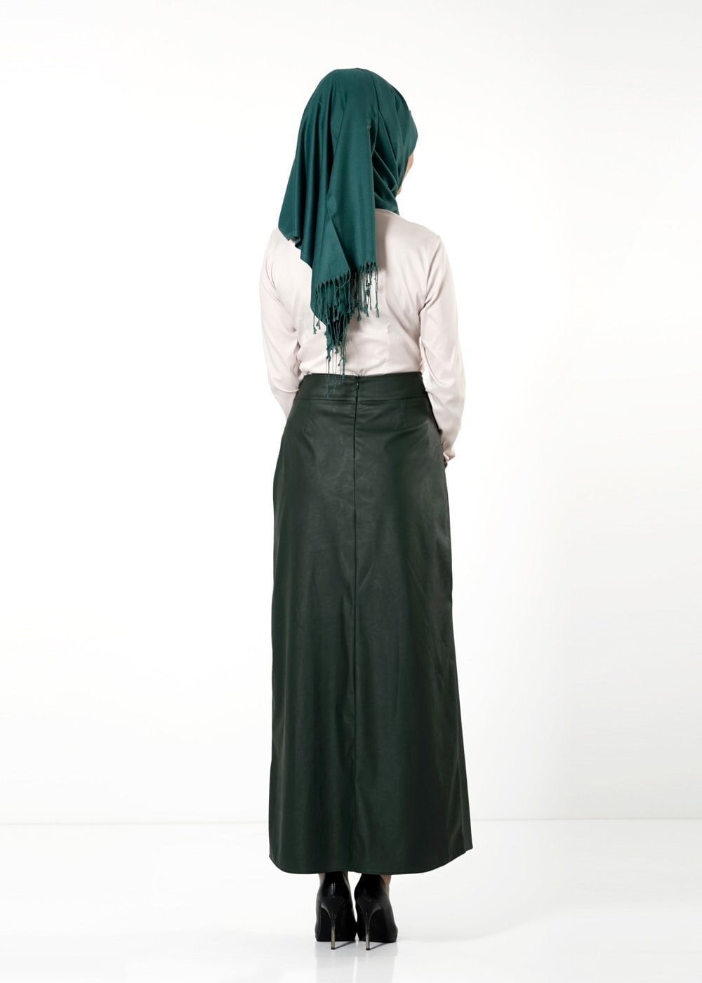 Tesettür giyim YEŞİL FERMUAR DETAYLI DERİ ETEK 6819 