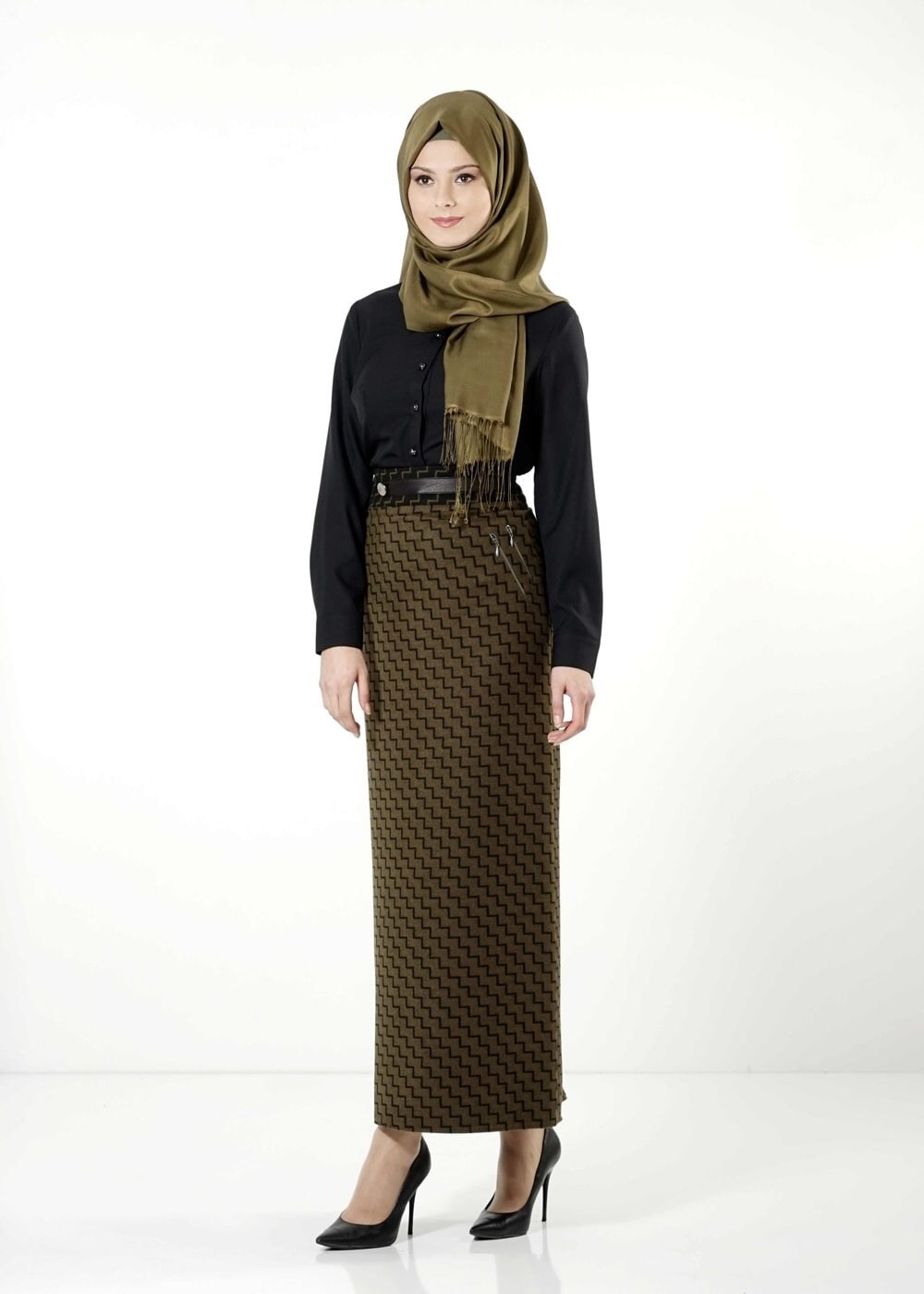 Tesettür giyim HAKİ FERMUARLI ETEK 6823 