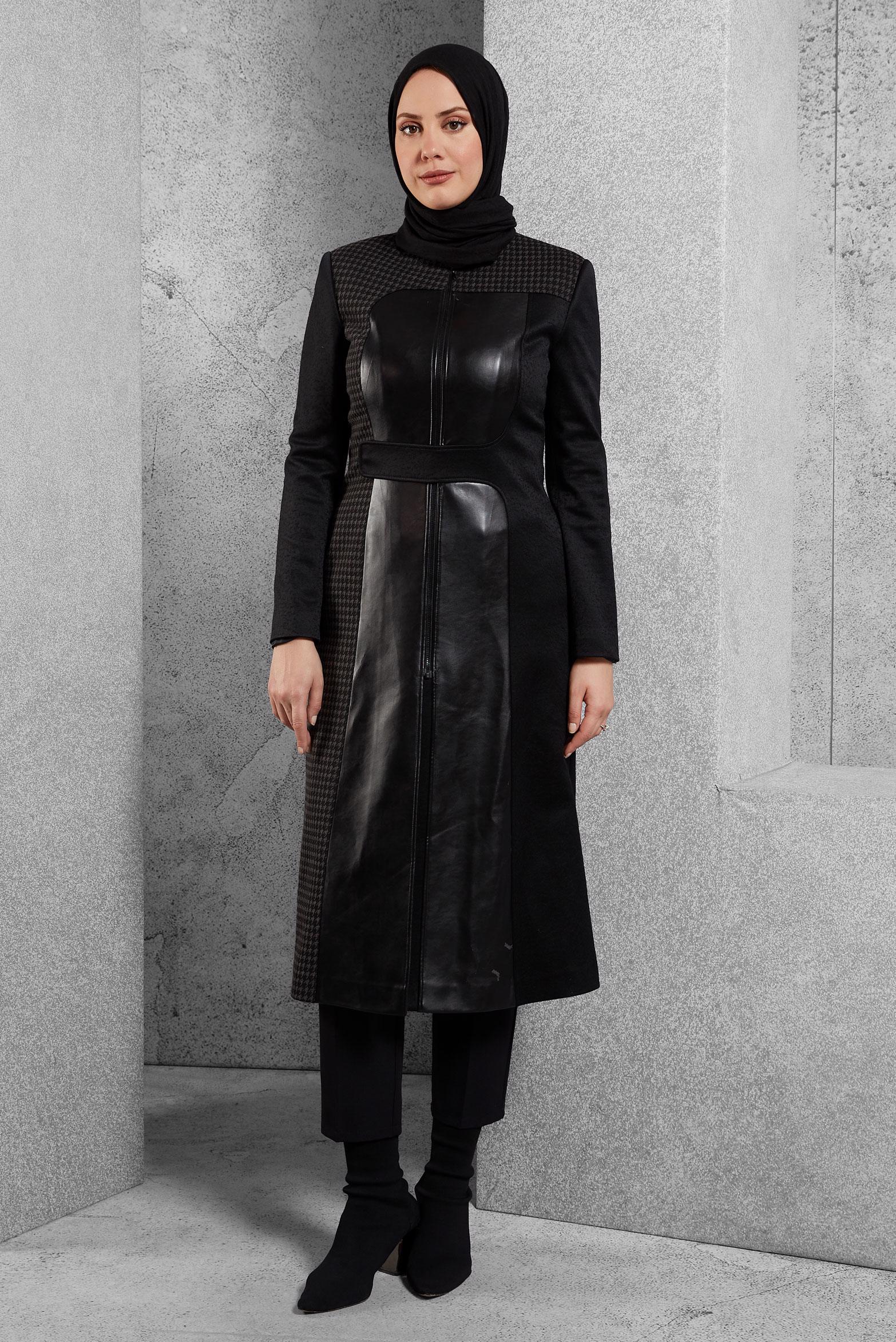 Tesettür giyim GRİ DERİ DETAYLI KABAN 9341 