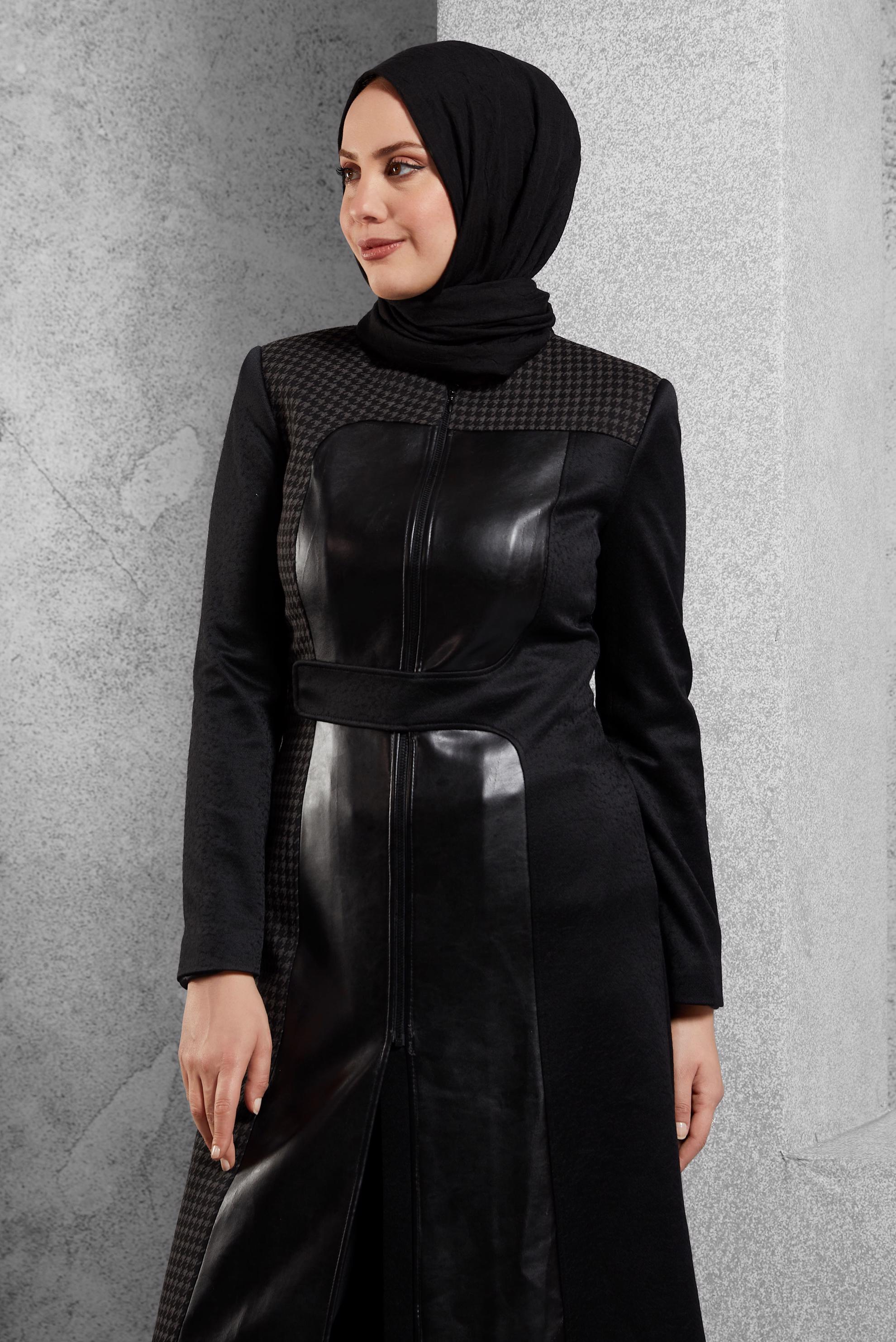 Tesettür giyim GRİ DERİ DETAYLI KABAN 9341 