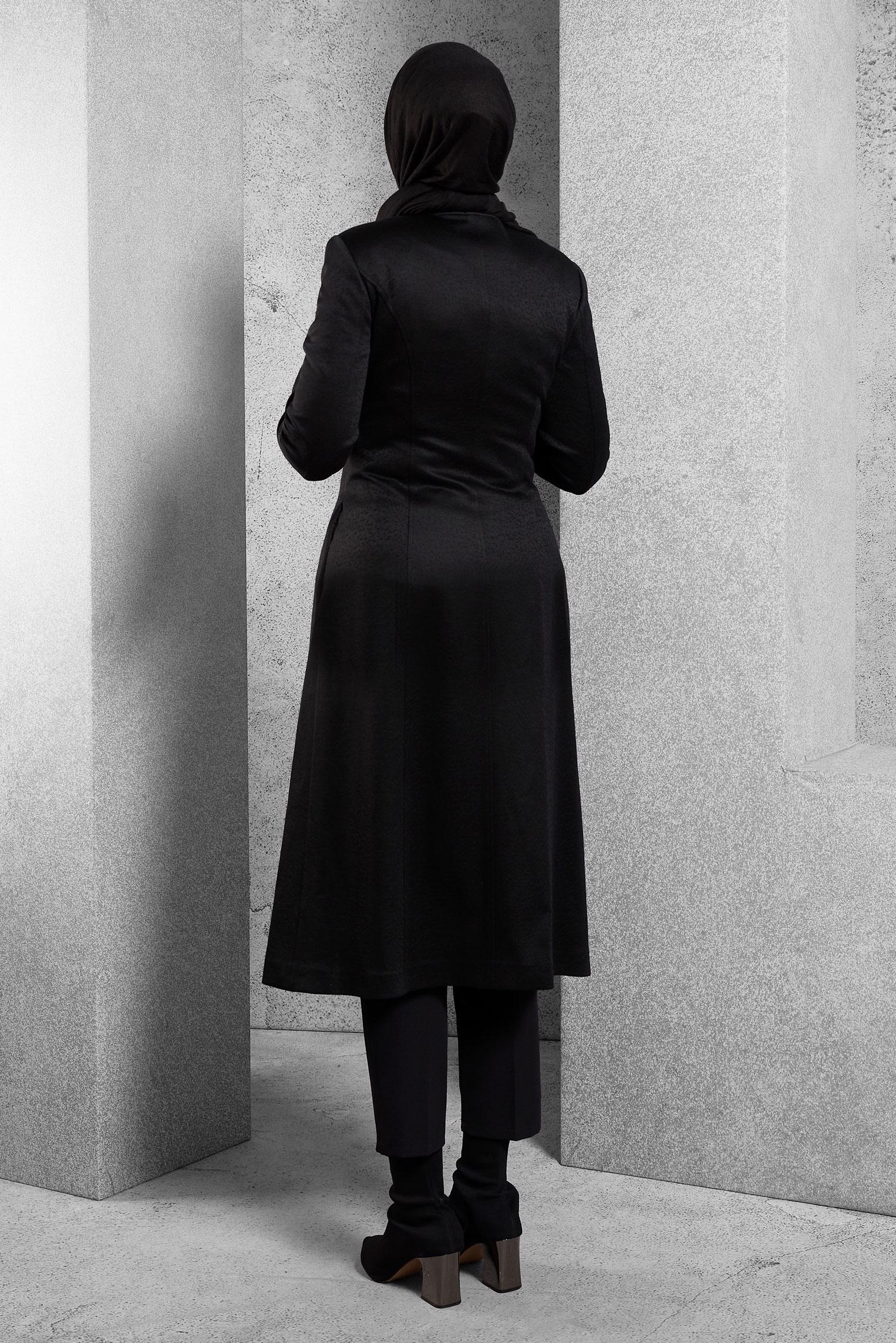 Tesettür giyim GRİ DERİ DETAYLI KABAN 9341 