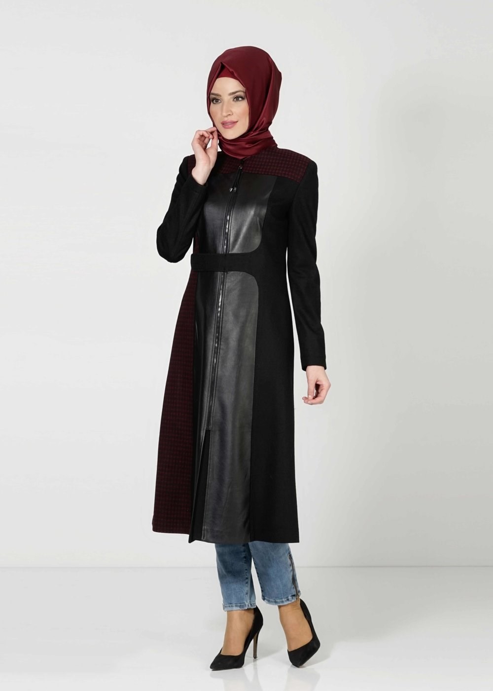 Tesettür giyim BORDO DERİ DETAYLI KABAN 9341 