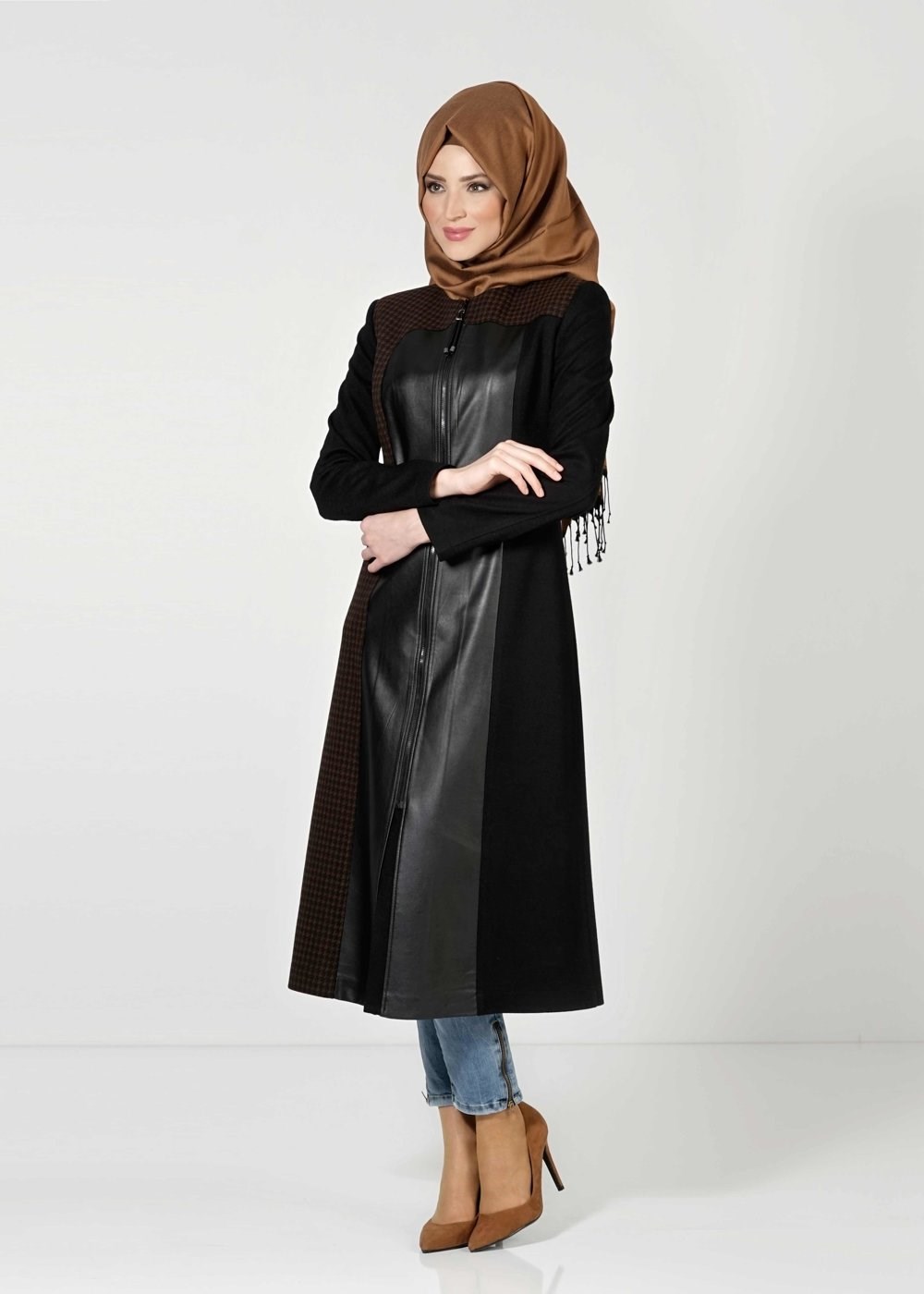Tesettür giyim KAHVE DERİ DETAYLI KABAN 9341 