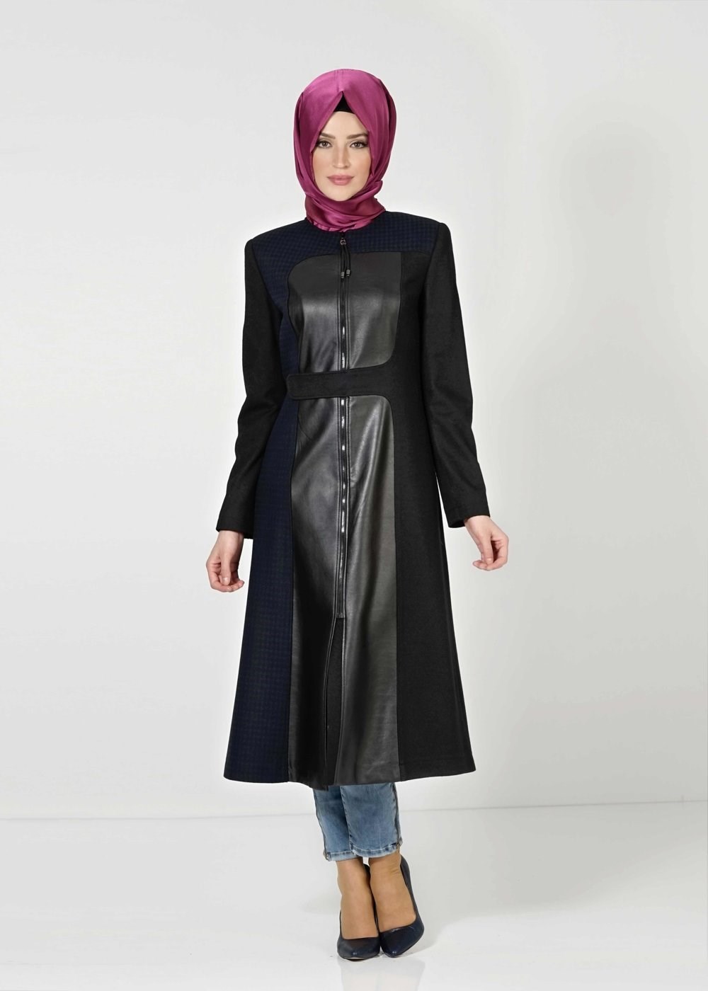 Tesettür giyim LACİVERT DERİ DETAYLI KABAN 9341 