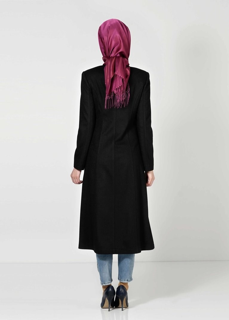 Tesettür giyim LACİVERT DERİ DETAYLI KABAN 9341 