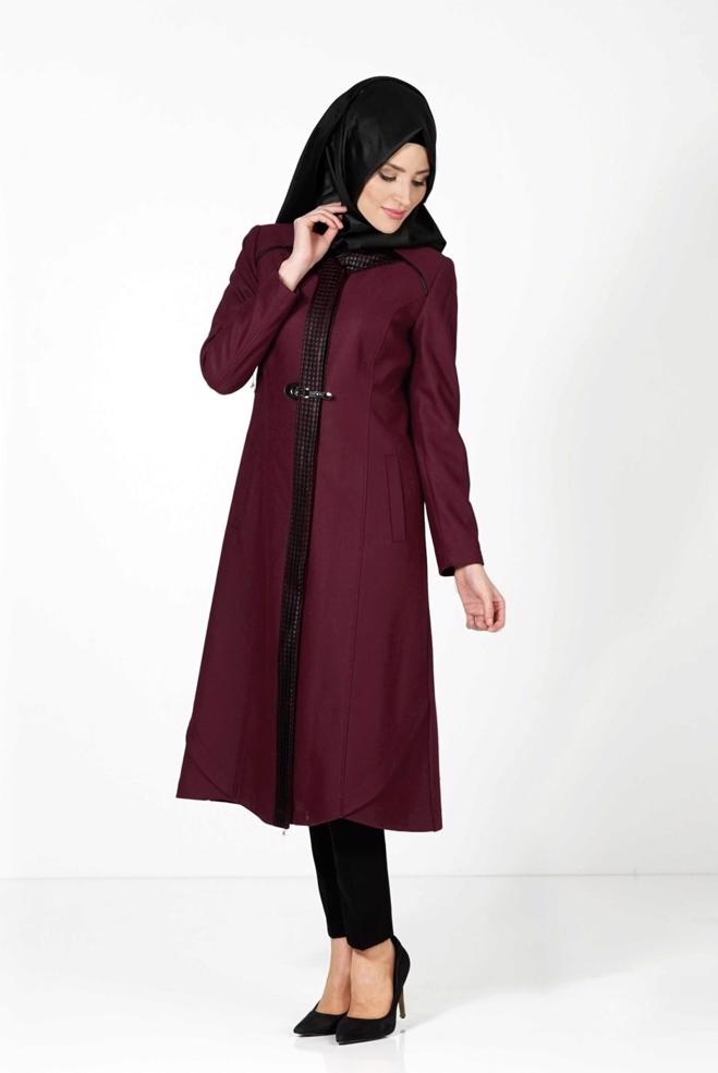 Tesettür giyim BORDO ÖNÜ TOKA DETAYLI KABAN 9351  - ALVİNA