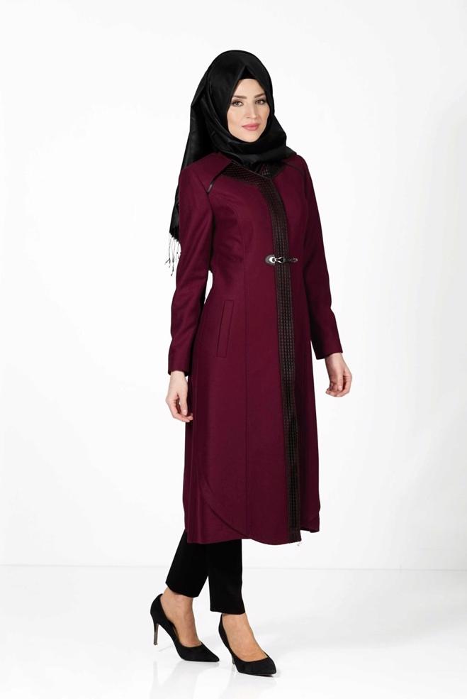 Tesettür giyim BORDO ÖNÜ TOKA DETAYLI KABAN 9351  - ALVİNA
