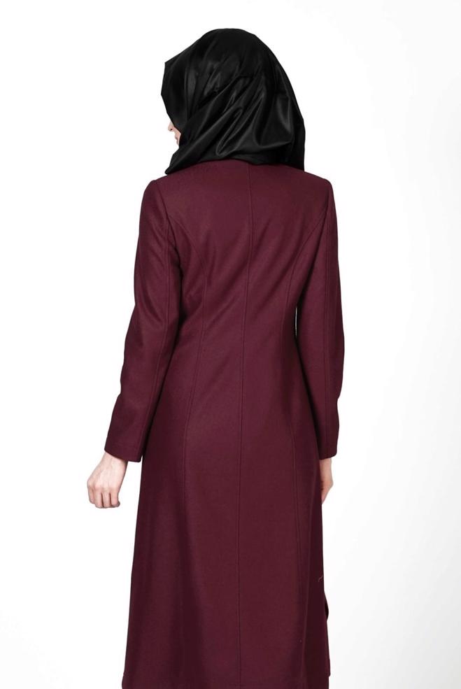 Tesettür giyim BORDO ÖNÜ TOKA DETAYLI KABAN 9351  - ALVİNA