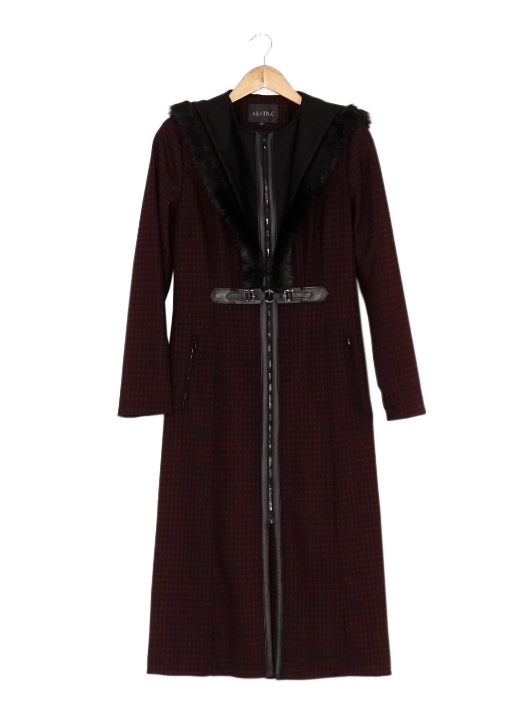 Tesettür giyim BORDO KÜRK DETAYLI KAZAYAĞI DESEN KABAN 9365 