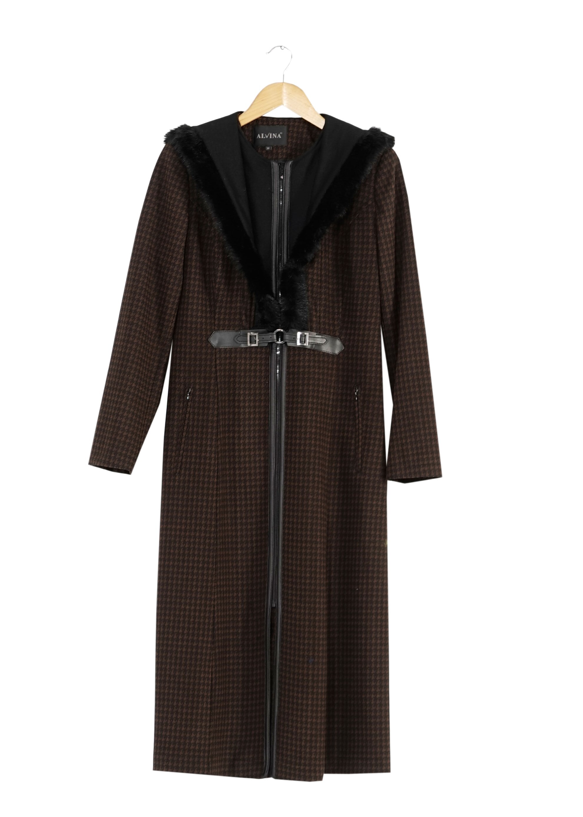 Tesettür giyim KAHVE KÜRK DETAYLI KAZAYAĞI DESEN KABAN 9365 