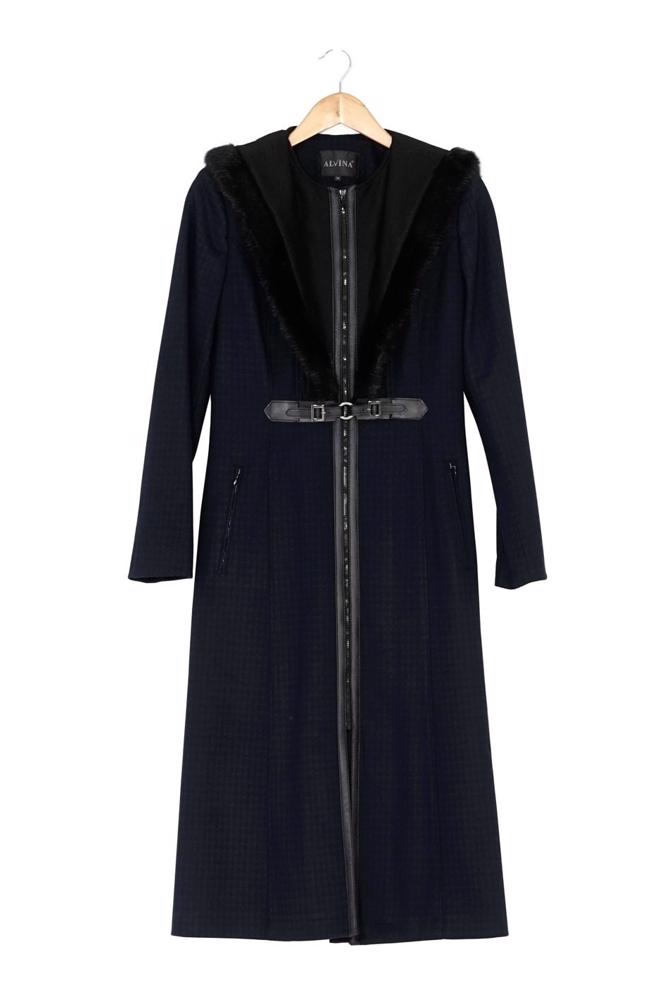 Tesettür giyim LACİVERT KÜRK DETAYLI KAZAYAĞI DESEN KABAN 9365  - ALVİNA