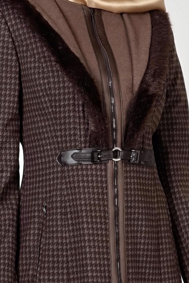 Tesettür giyim VİZON KÜRK DETAYLI KAZAYAĞI DESEN KABAN 9365  - ALVİNA