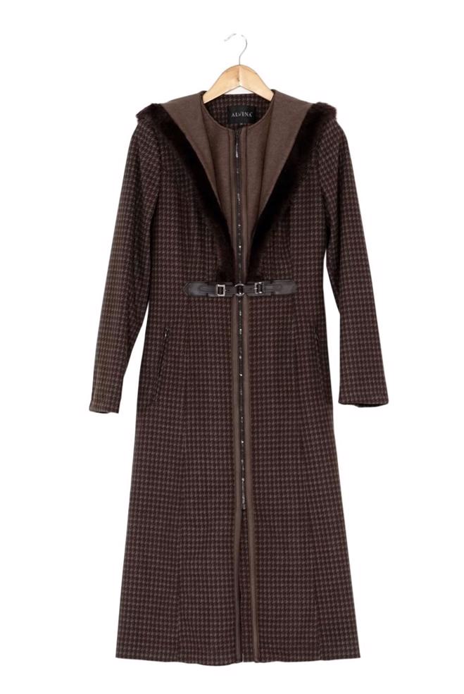 Tesettür giyim VİZON KÜRK DETAYLI KAZAYAĞI DESEN KABAN 9365  - ALVİNA