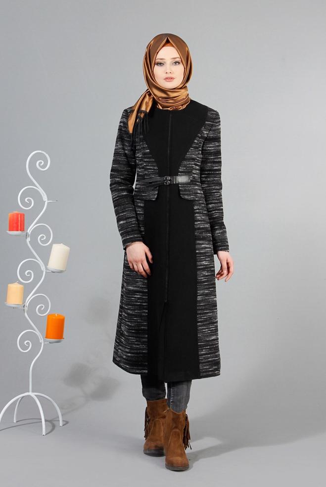 Tesettür giyim GRİ KIRÇILLI FERMUARLI KABAN 9368  - ALVİNA