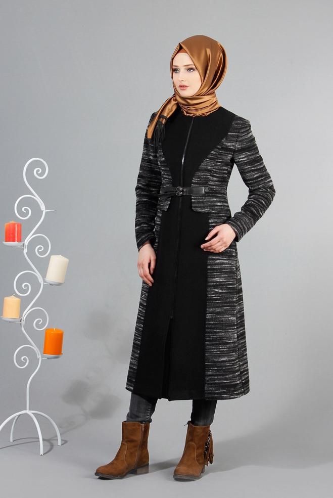 Tesettür giyim GRİ KIRÇILLI FERMUARLI KABAN 9368  - ALVİNA
