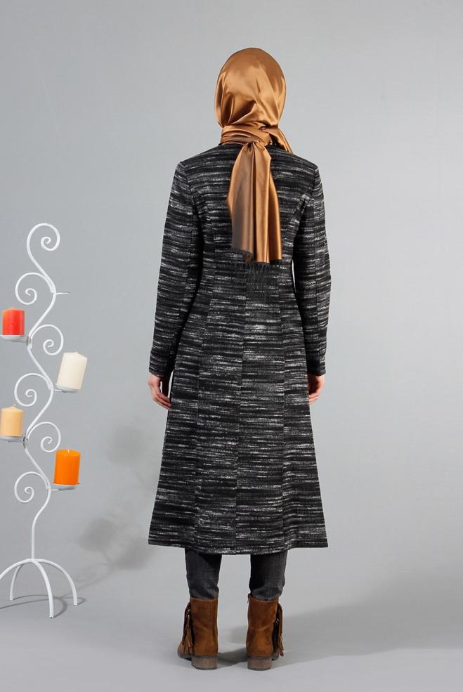 Tesettür giyim GRİ KIRÇILLI FERMUARLI KABAN 9368  - ALVİNA