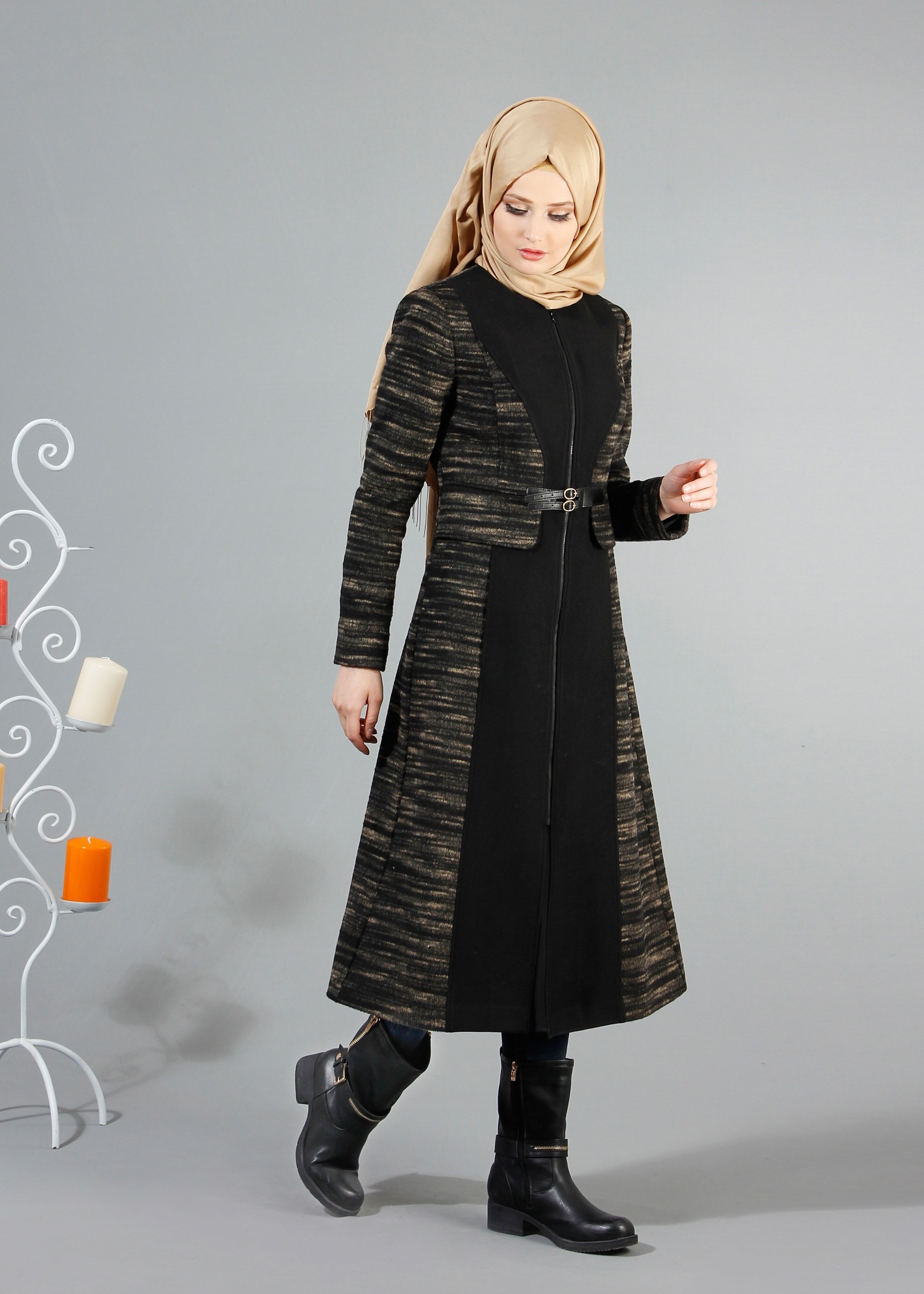 Tesettür giyim KAHVE KIRÇILLI FERMUARLI KABAN 9368 