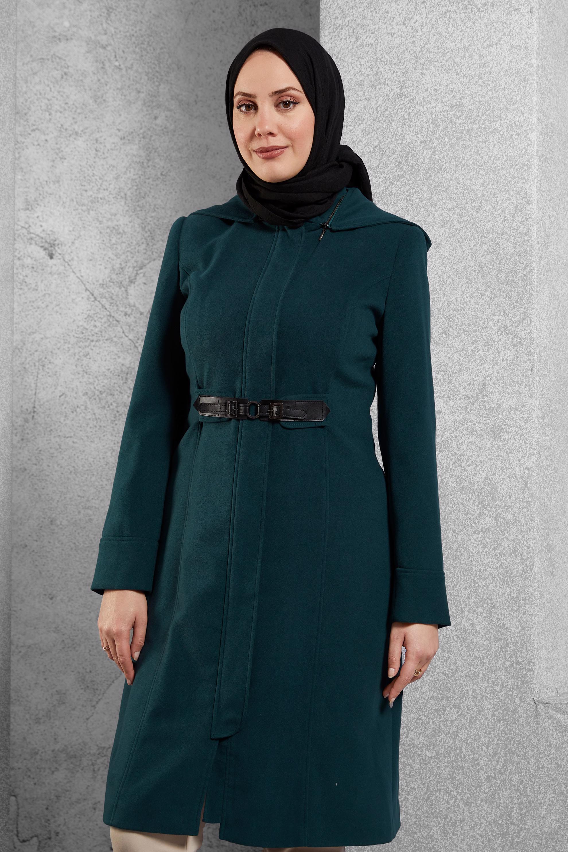 Tesettür giyim MAVİ KAPÜŞONLU KABAN 9386