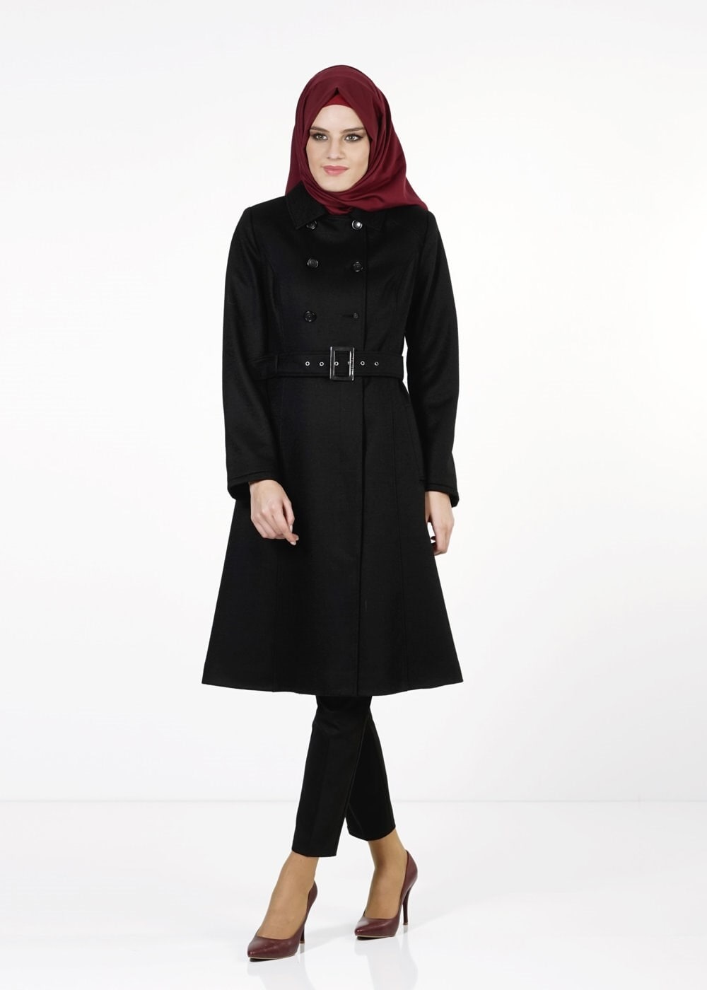 Tesettür giyim SİYAH KEMERLİ KRUVAZE KABAN 9404