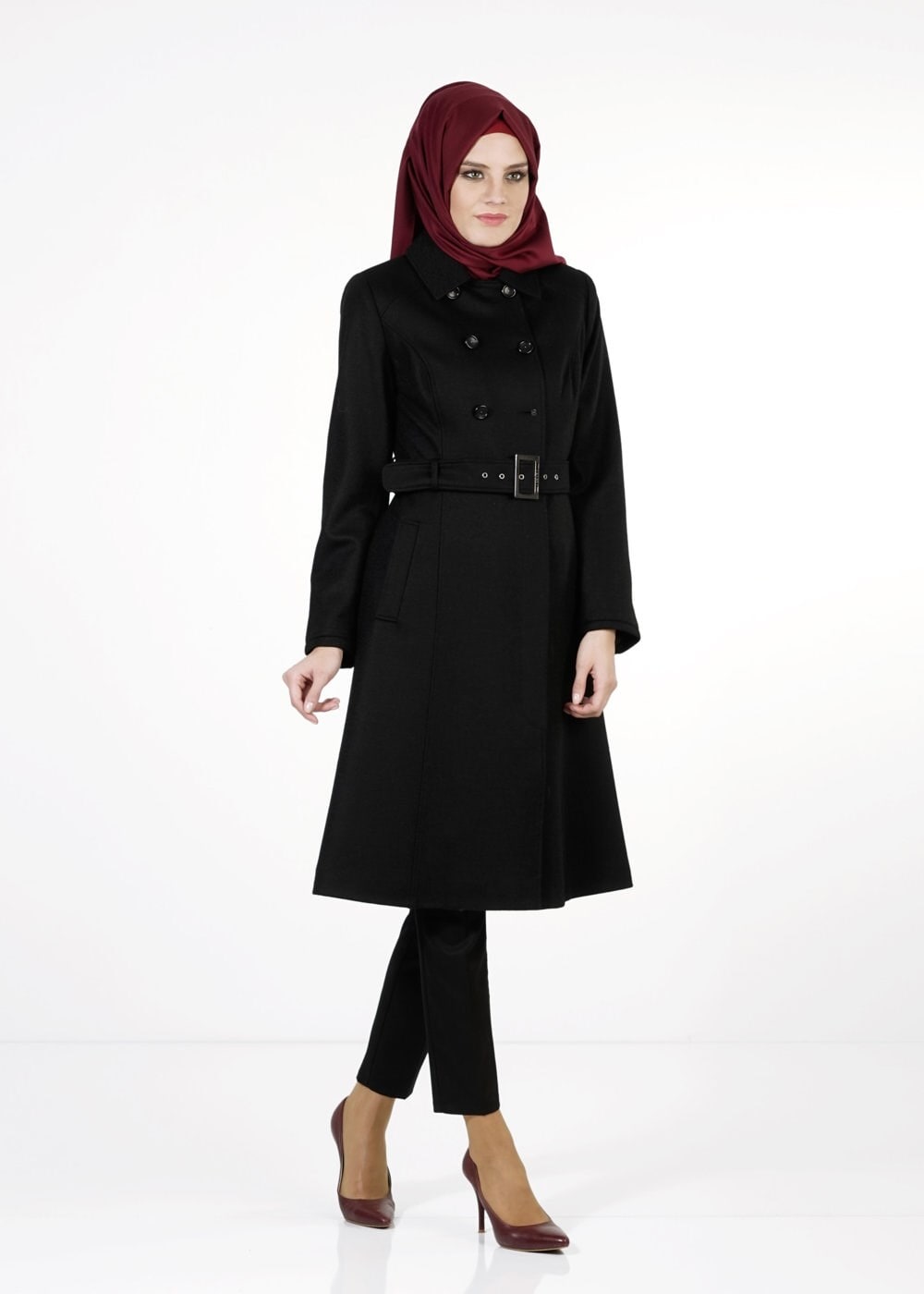 Tesettür giyim SİYAH KEMERLİ KRUVAZE KABAN 9404