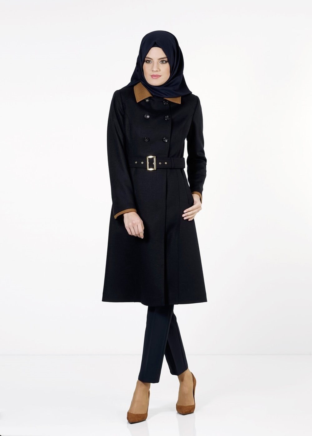 Tesettür giyim LACİVERT KEMERLİ KRUVAZE KABAN 9404