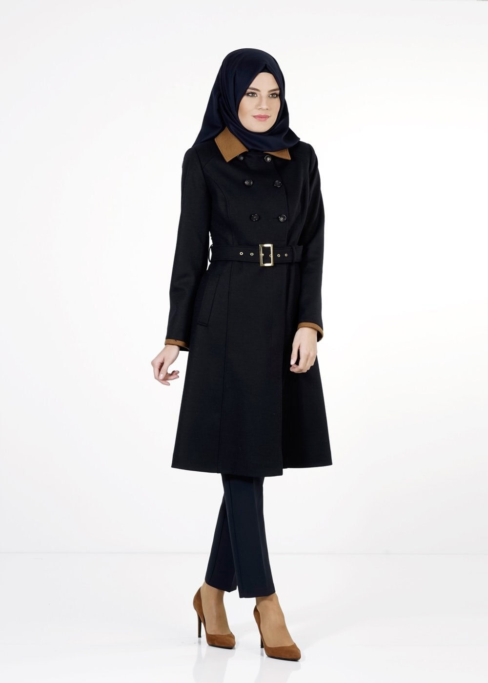 Tesettür giyim LACİVERT KEMERLİ KRUVAZE KABAN 9404