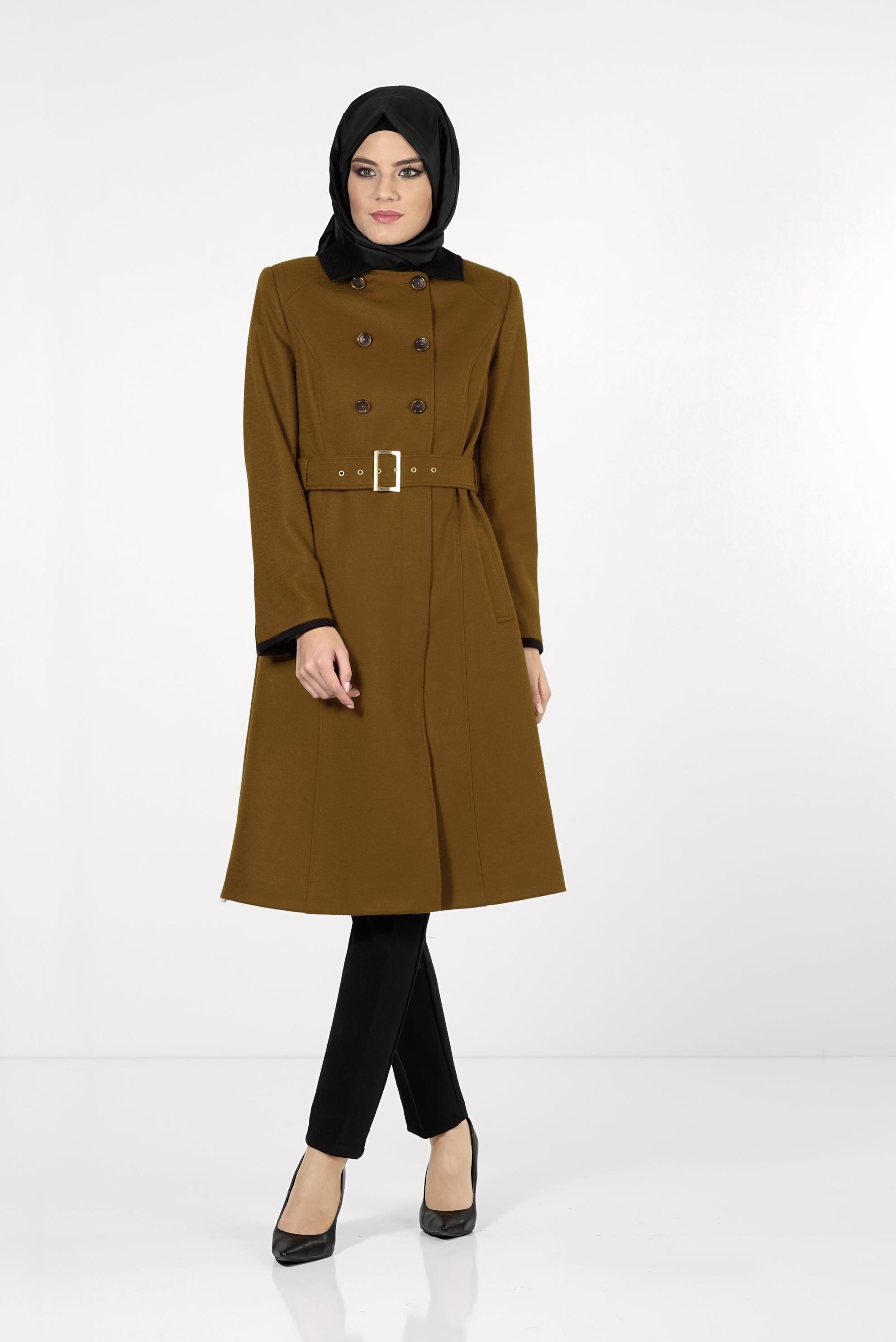Tesettür giyim TABA KEMERLİ KRUVAZE KABAN 9404