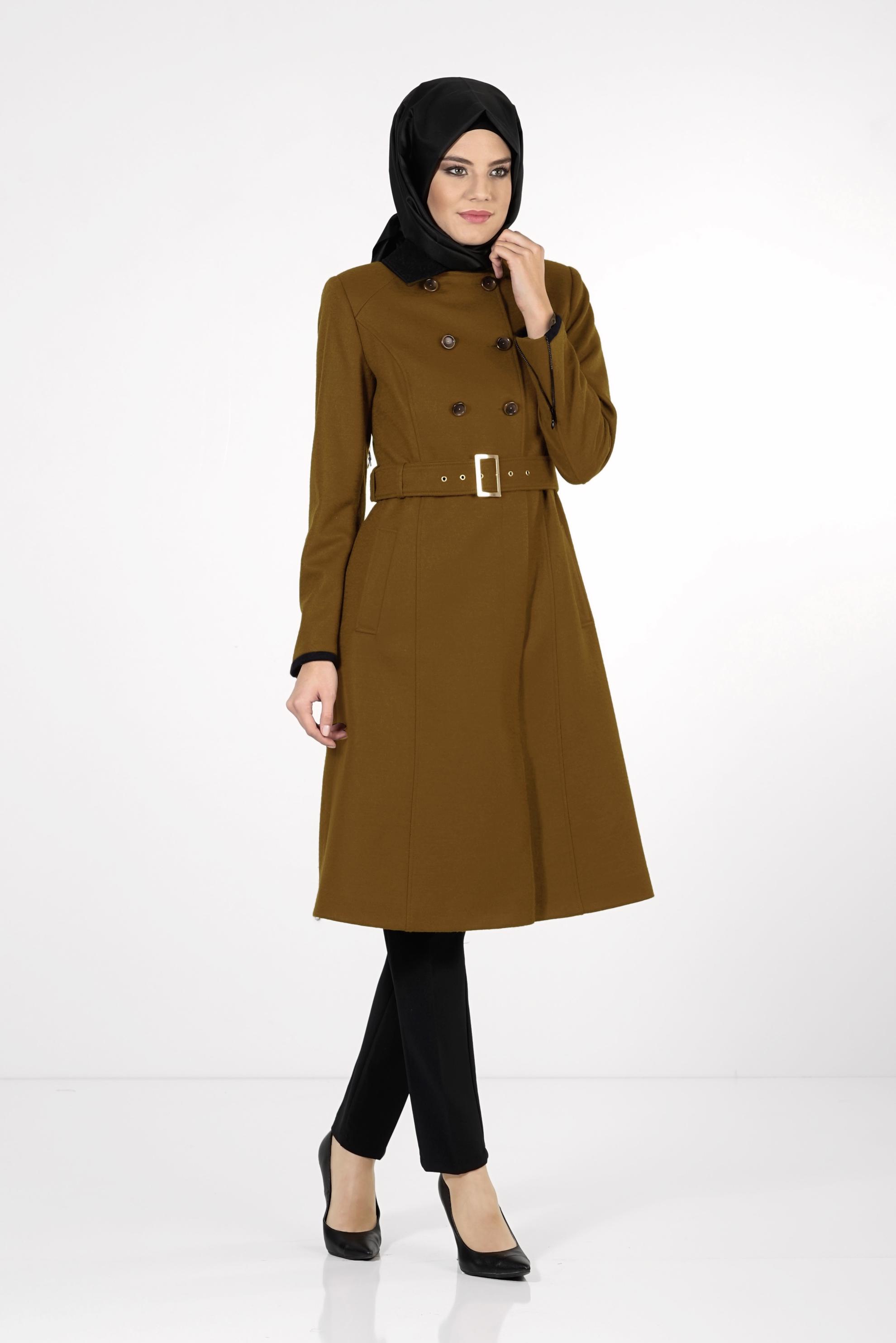 Tesettür giyim TABA KEMERLİ KRUVAZE KABAN 9404