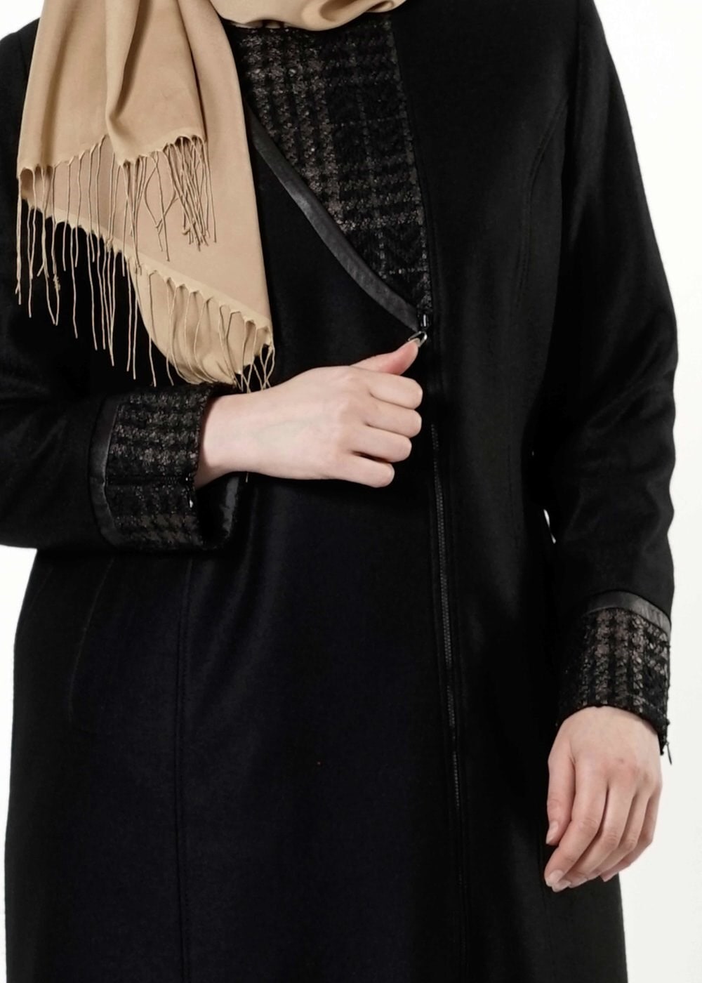 Tesettür giyim SİYAH EKOSE DETAYLI KABAN 9406 
