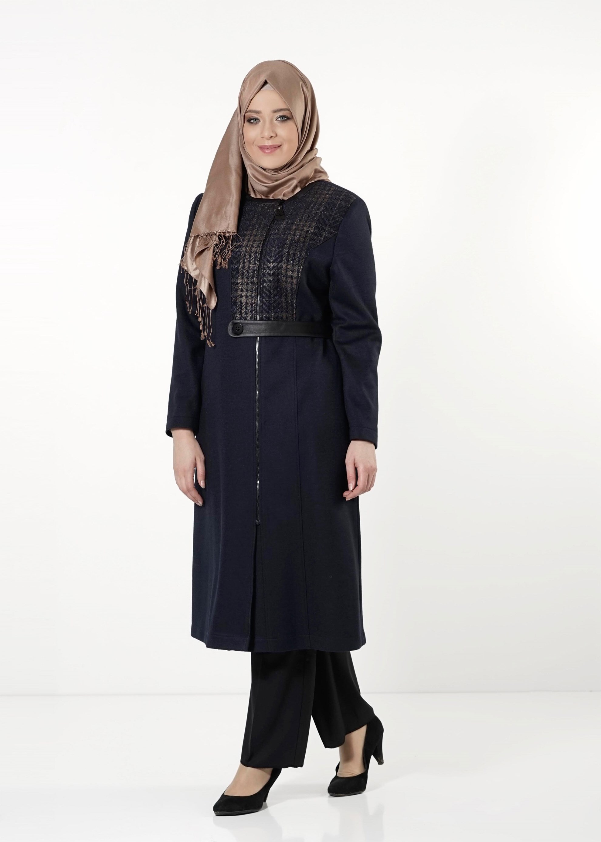 Tesettür giyim LACİVERT EKOSE DESEN DETAYLI KABAN 9408 