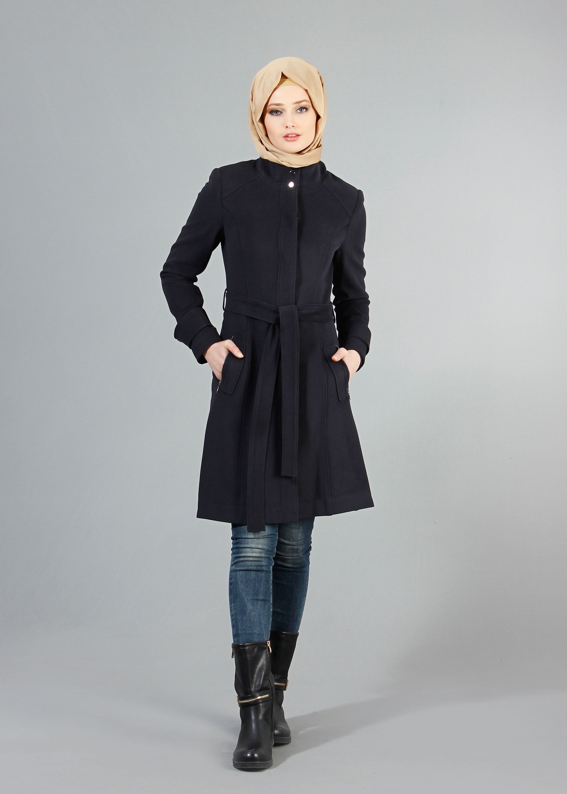 Tesettür giyim LACİVERT KUŞAKLI KABAN 9417 