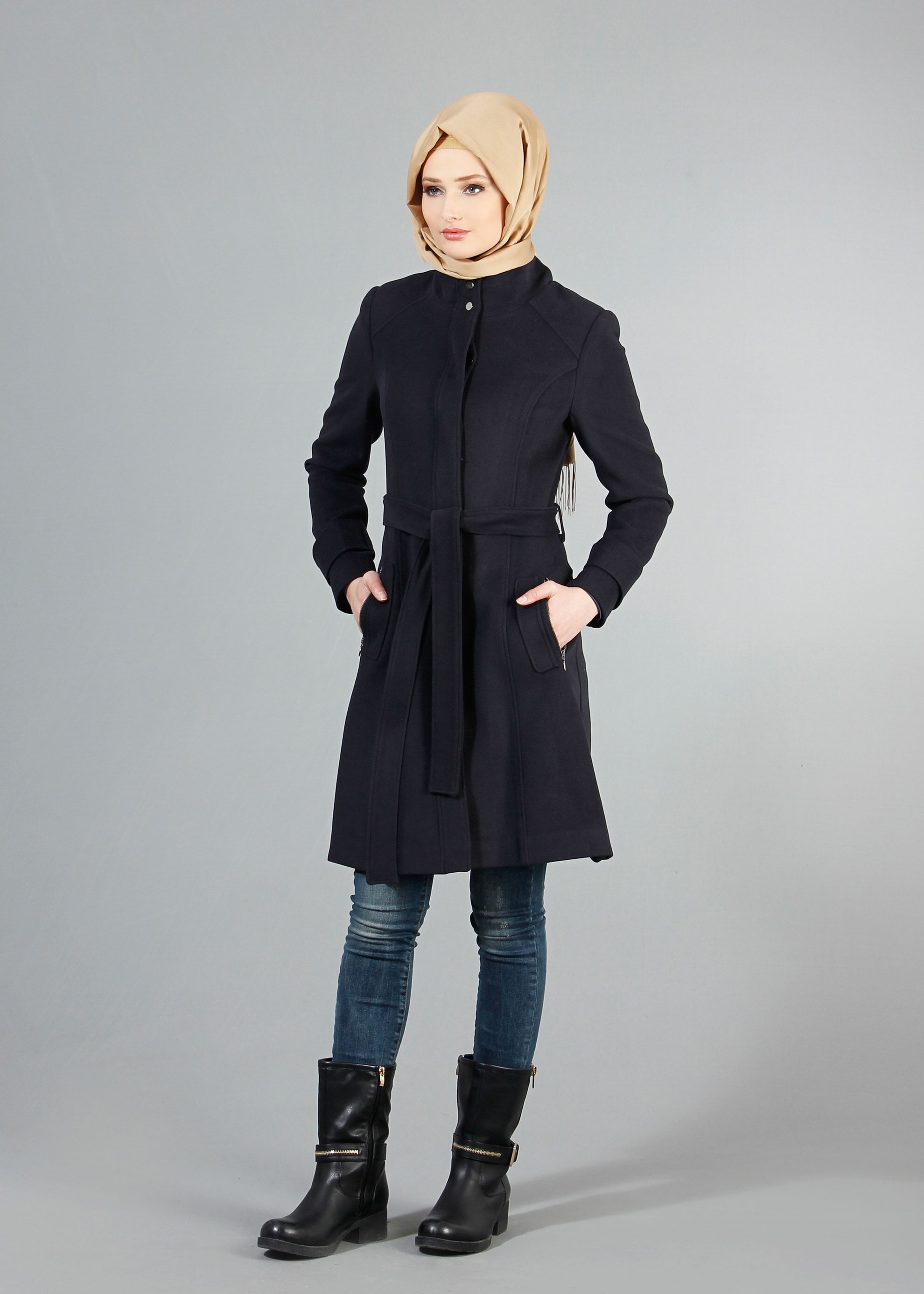 Tesettür giyim LACİVERT KUŞAKLI KABAN 9417 