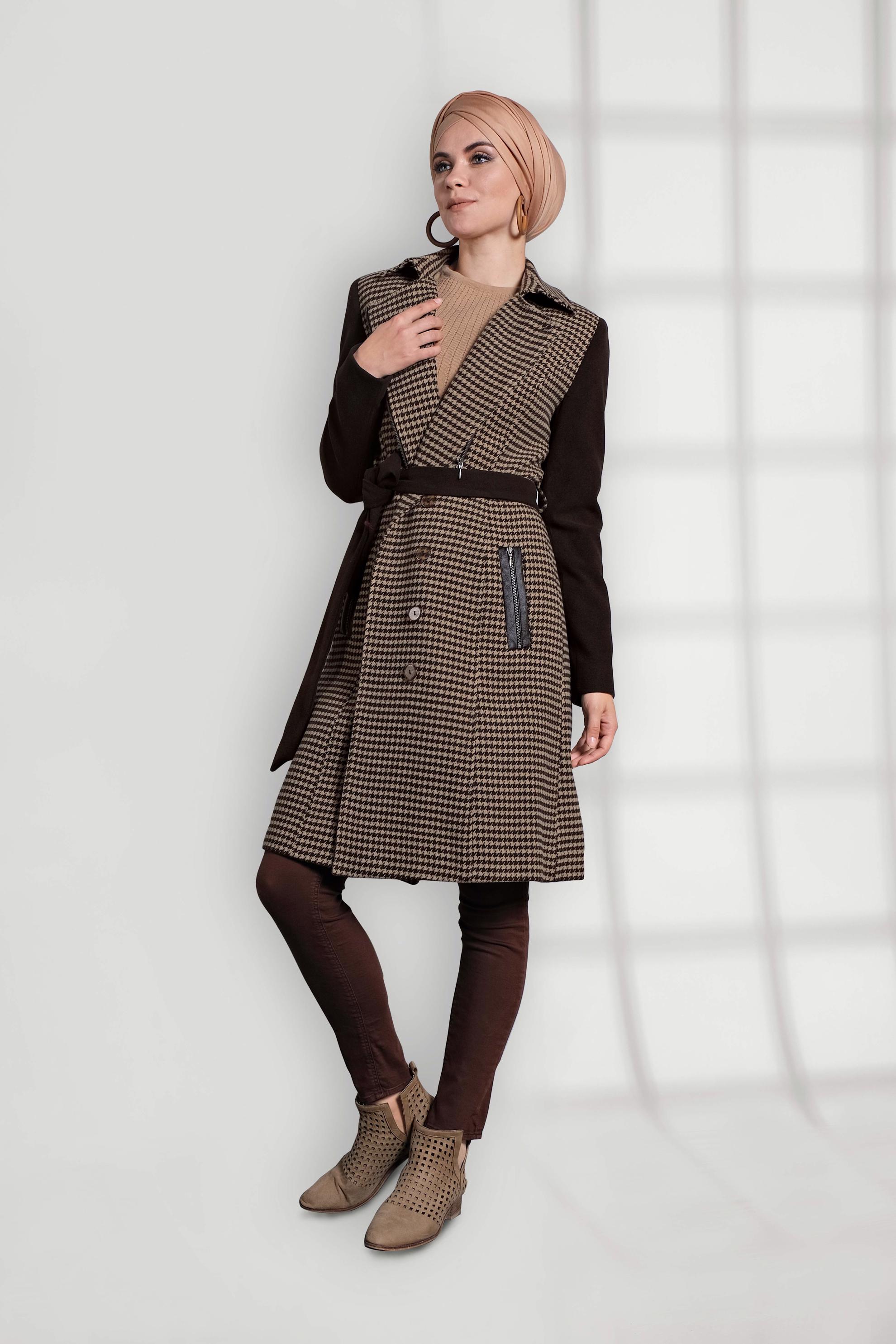 Tesettür giyim KAHVE BELDEN KUŞAKLI KAZAYAĞI KABAN 9419 