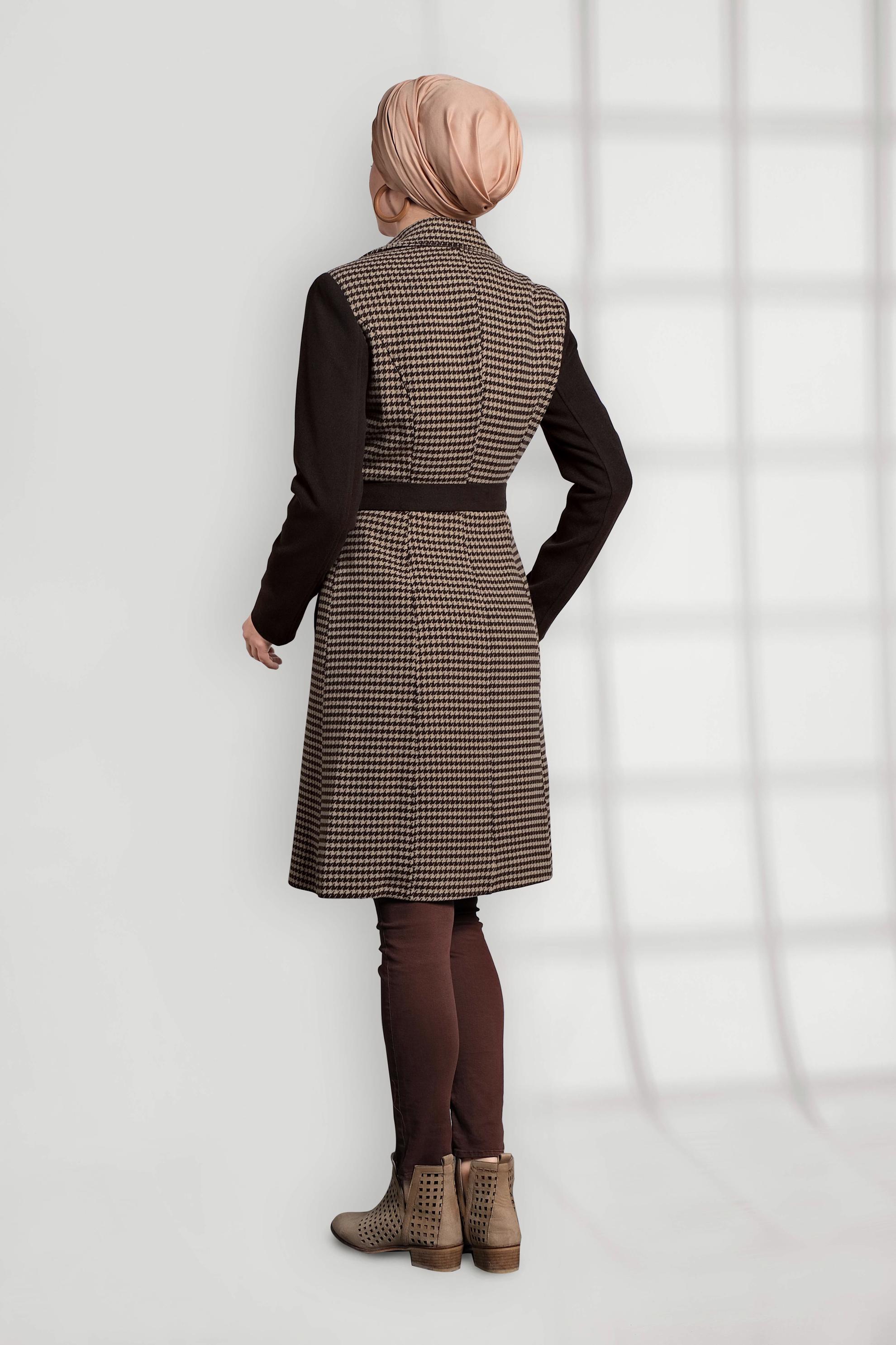 Tesettür giyim KAHVE BELDEN KUŞAKLI KAZAYAĞI KABAN 9419 