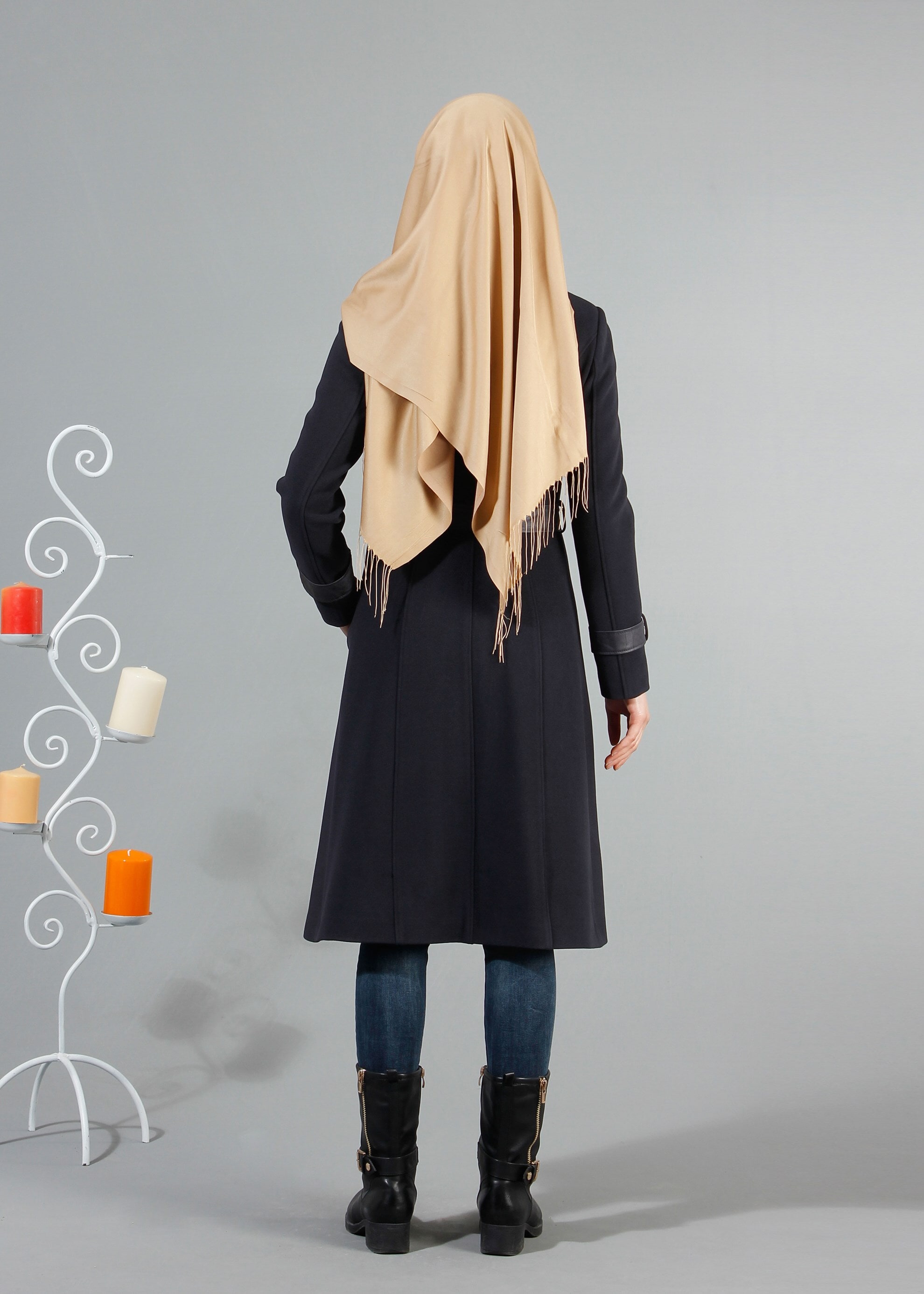 Tesettür giyim LACİVERT DERİ KUŞAKLI KABAN 9420 