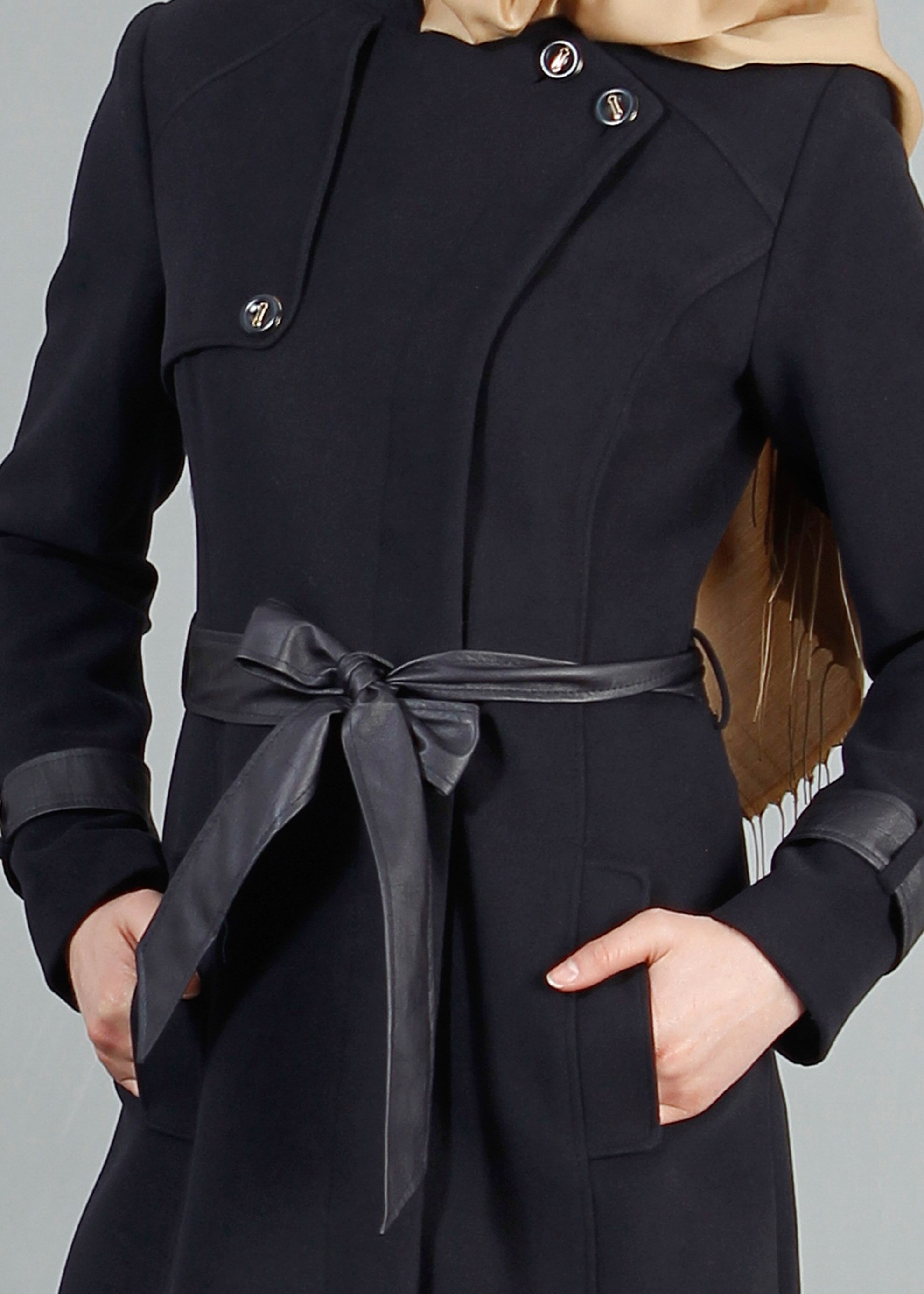 Tesettür giyim LACİVERT DERİ KUŞAKLI KABAN 9420 