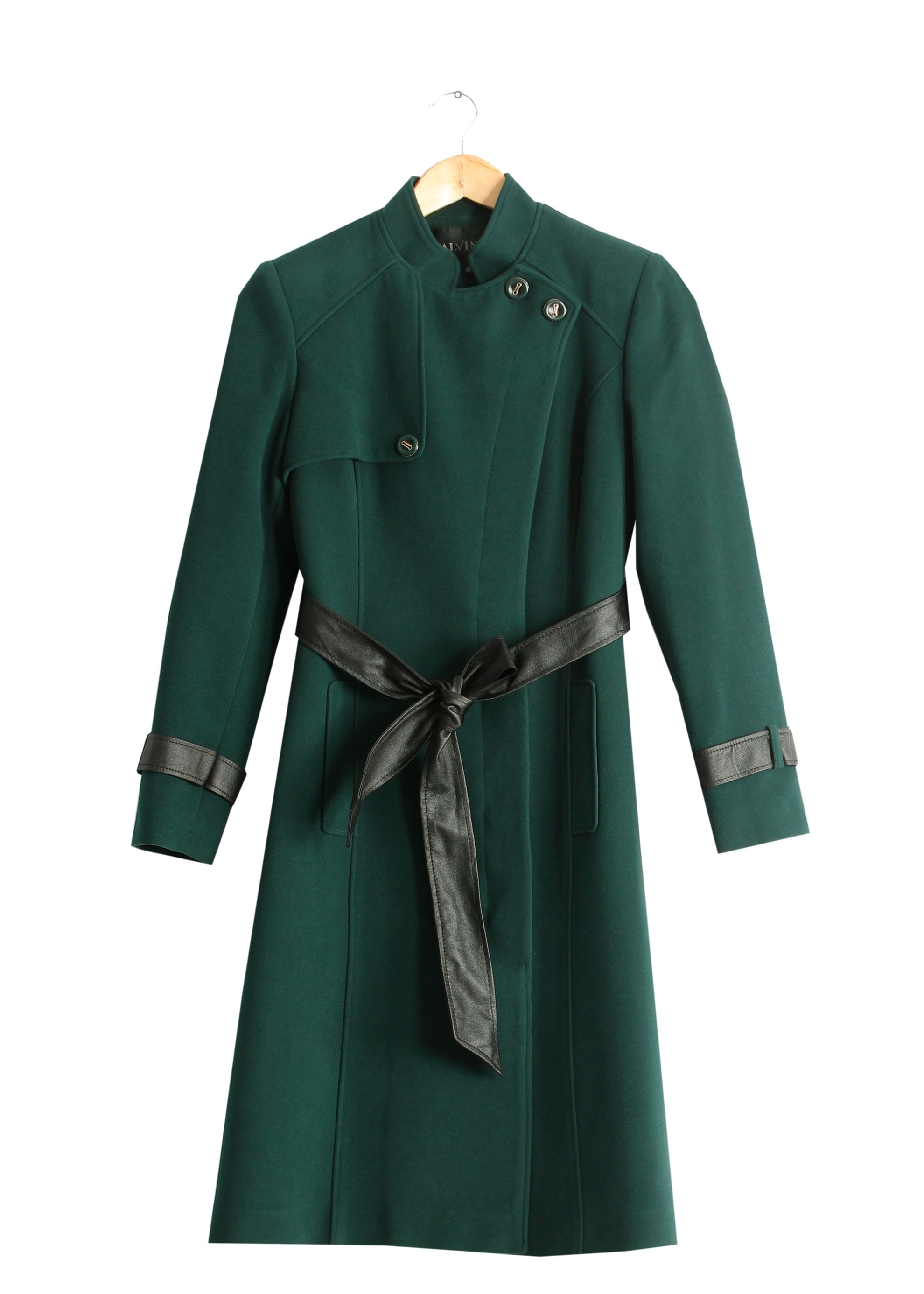 Tesettür giyim YEŞİL DERİ KUŞAKLI KABAN 9420 