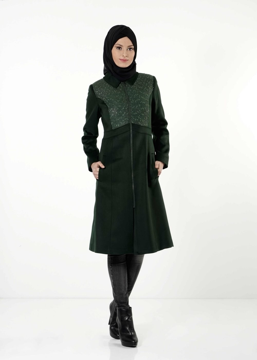 Tesettür giyim YEŞİL FERMUARLI KABAN 9426 