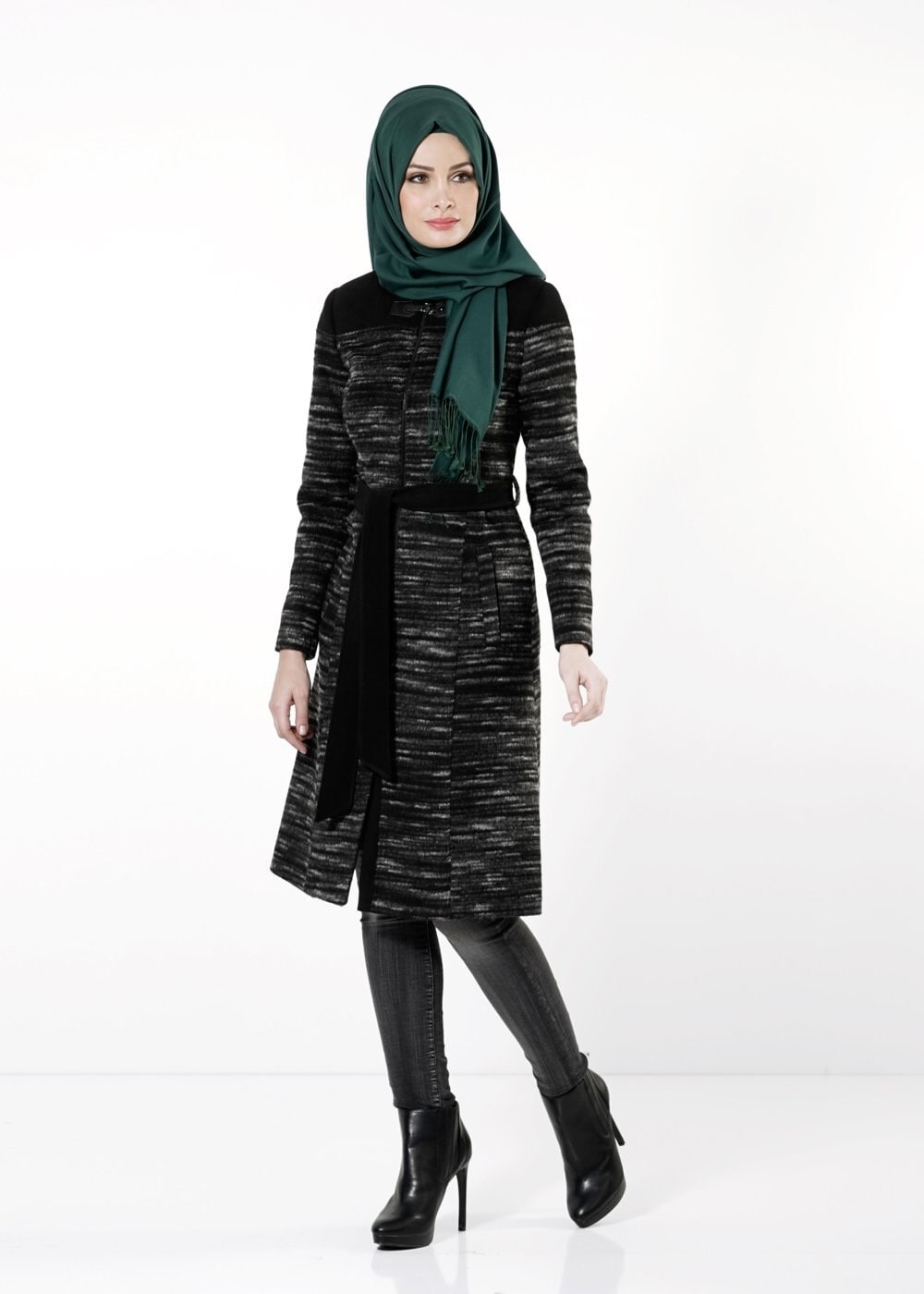 Tesettür giyim GRİ KUŞAKLI KABAN 9433 