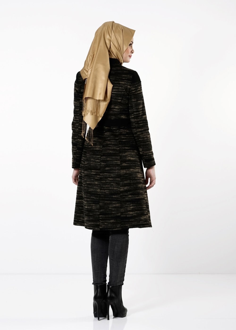 Tesettür giyim KAHVE KUŞAKLI KABAN 9433 