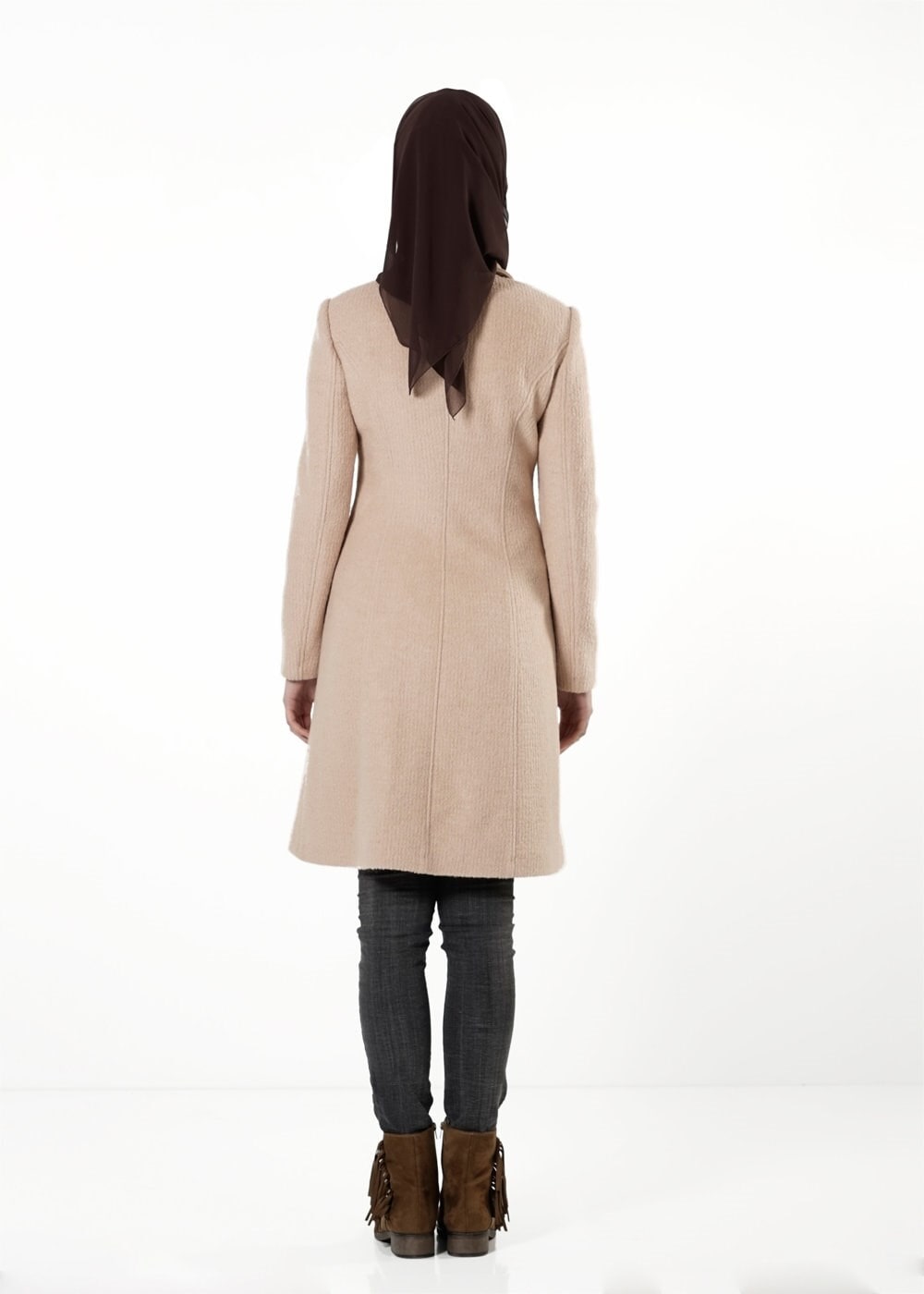 Tesettür giyim BEJ FERMUARLI KABAN 9435 