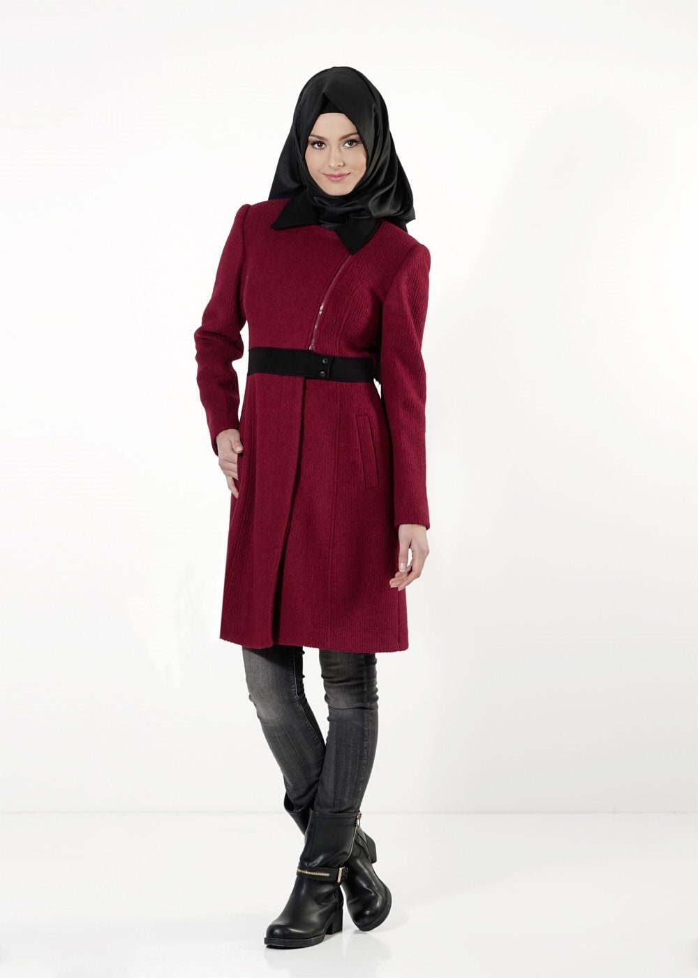Tesettür giyim BORDO FERMUARLI KABAN 9435 